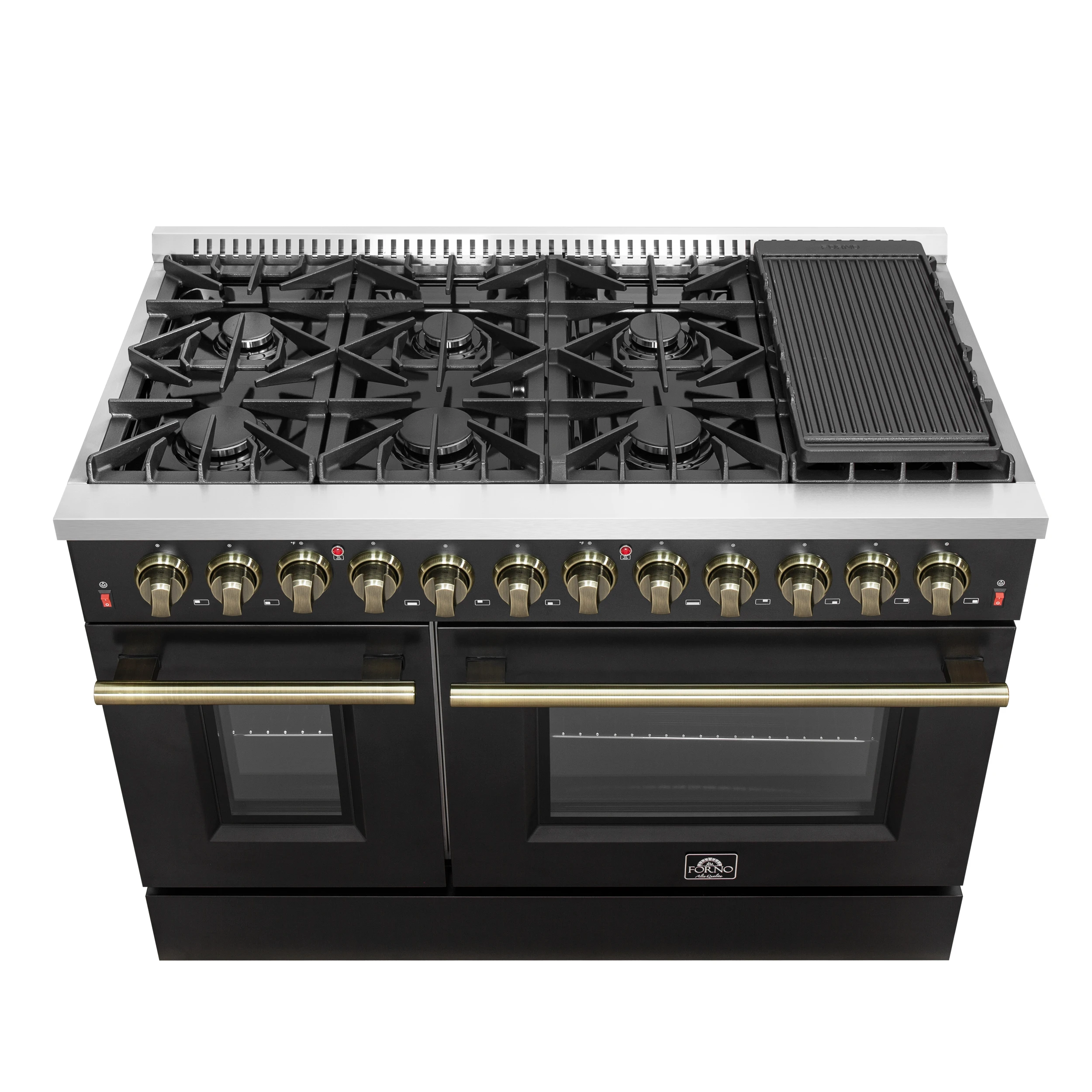 Galiano 48-inch Dual Fuel Range & Antique Brass Design with 8 Sealed Burners 107,000 BTU, 6.58 cu. ft. double ovens & Griddle FFSGS615648BLK