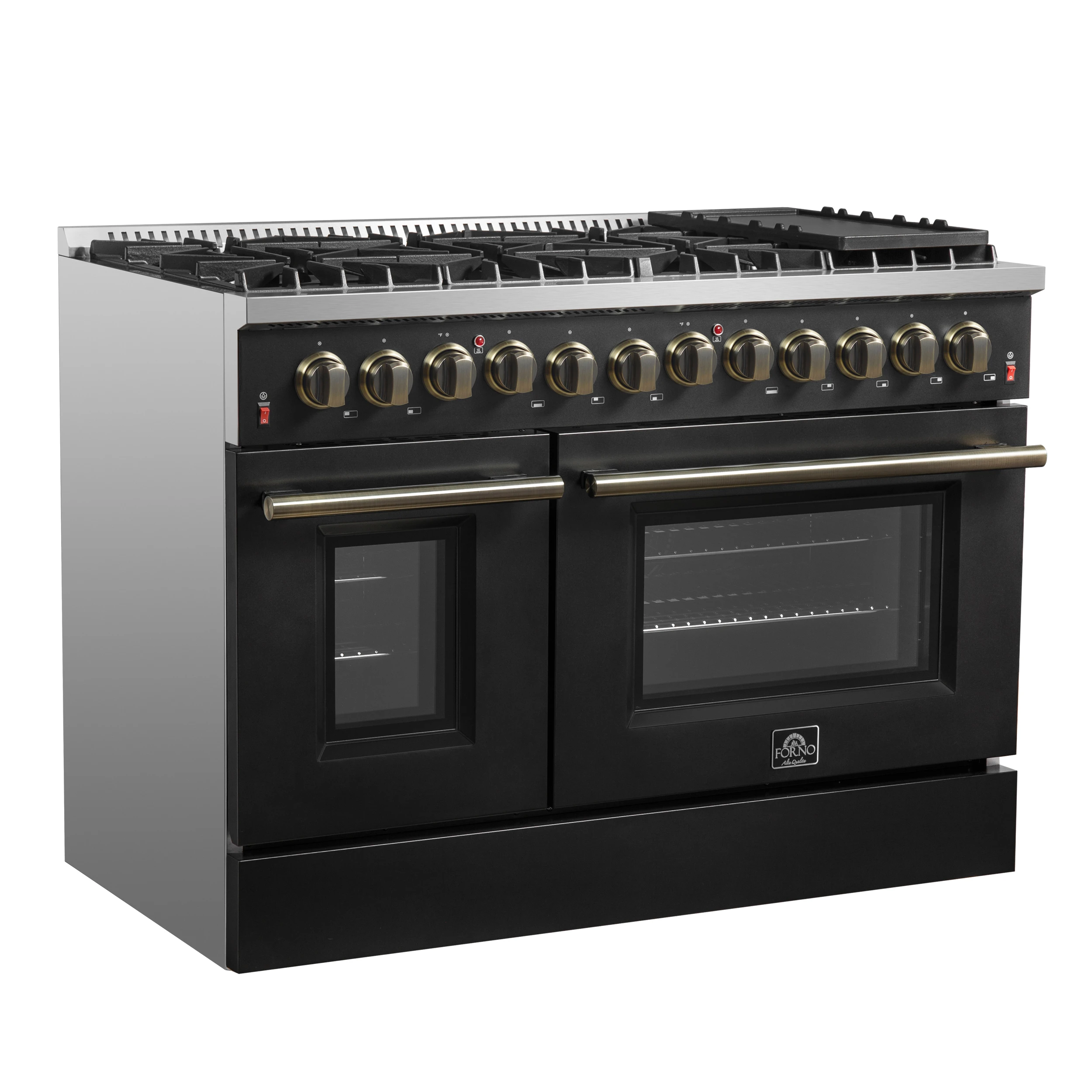 Galiano 48-inch Dual Fuel Range & Antique Brass Design with 8 Sealed Burners 107,000 BTU, 6.58 cu. ft. double ovens & Griddle FFSGS615648BLK