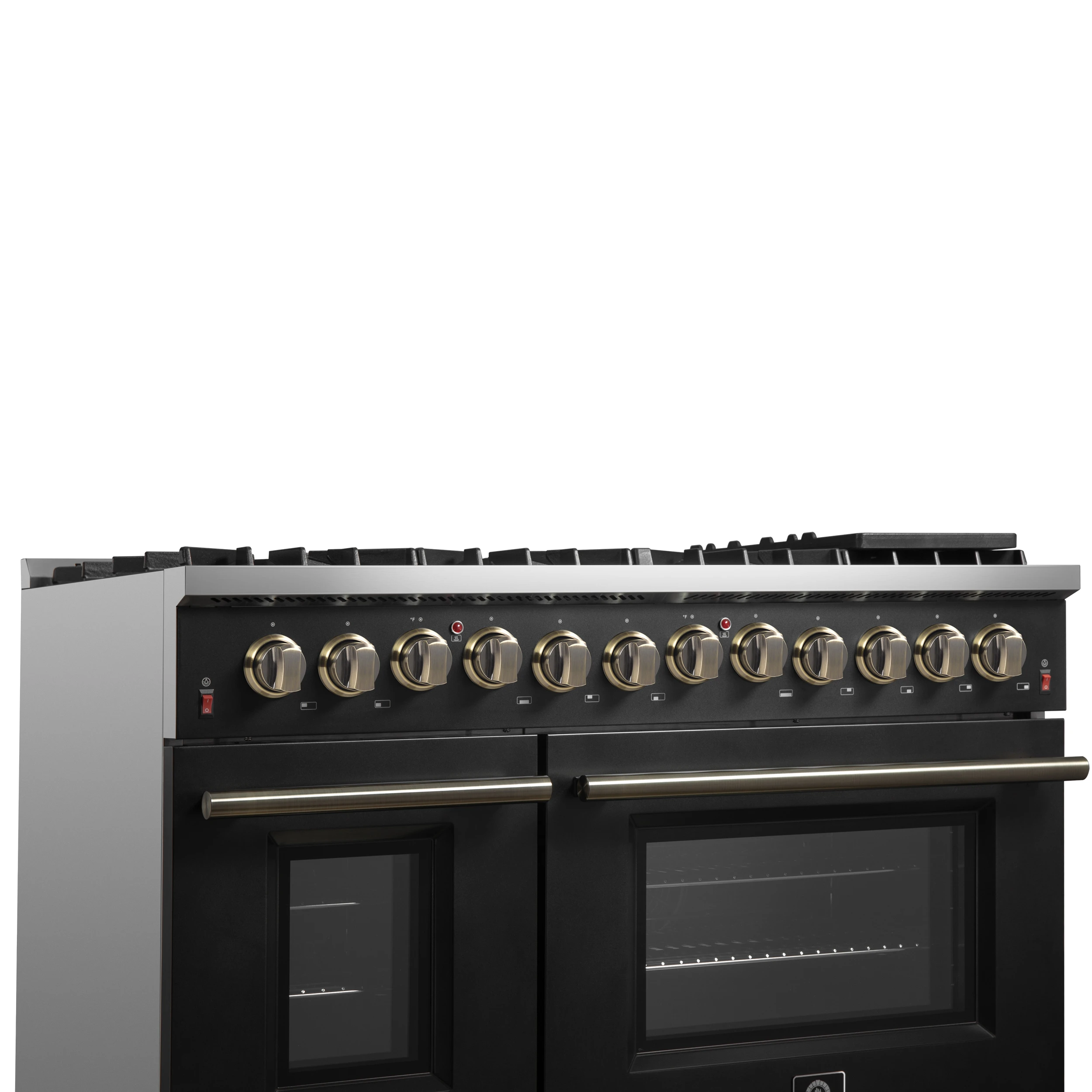 Galiano 48-inch Dual Fuel Range & Antique Brass Design with 8 Sealed Burners 107,000 BTU, 6.58 cu. ft. double ovens & Griddle FFSGS615648BLK