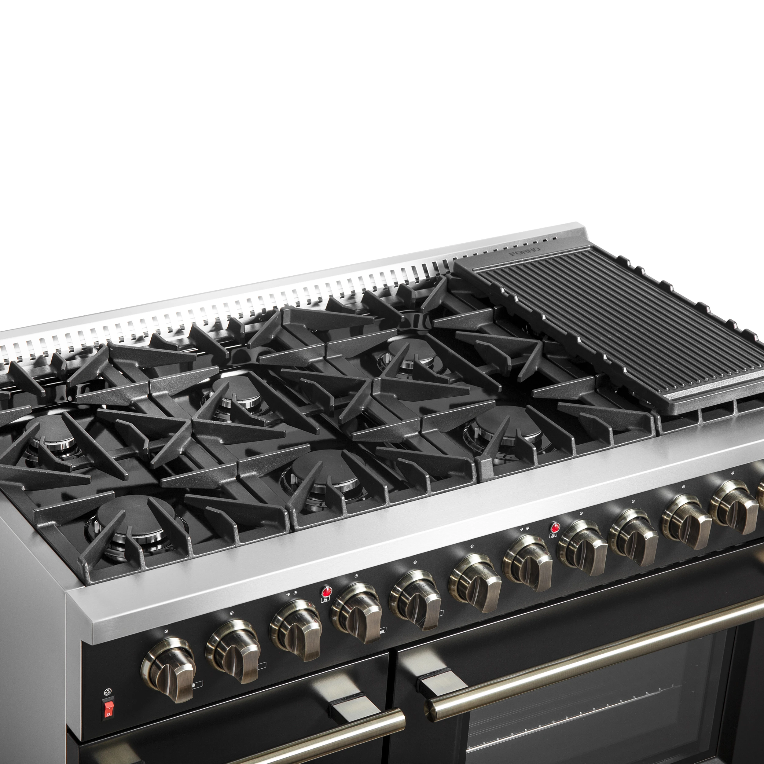 Galiano 48-inch Dual Fuel Range & Antique Brass Design with 8 Sealed Burners 107,000 BTU, 6.58 cu. ft. double ovens & Griddle FFSGS615648BLK