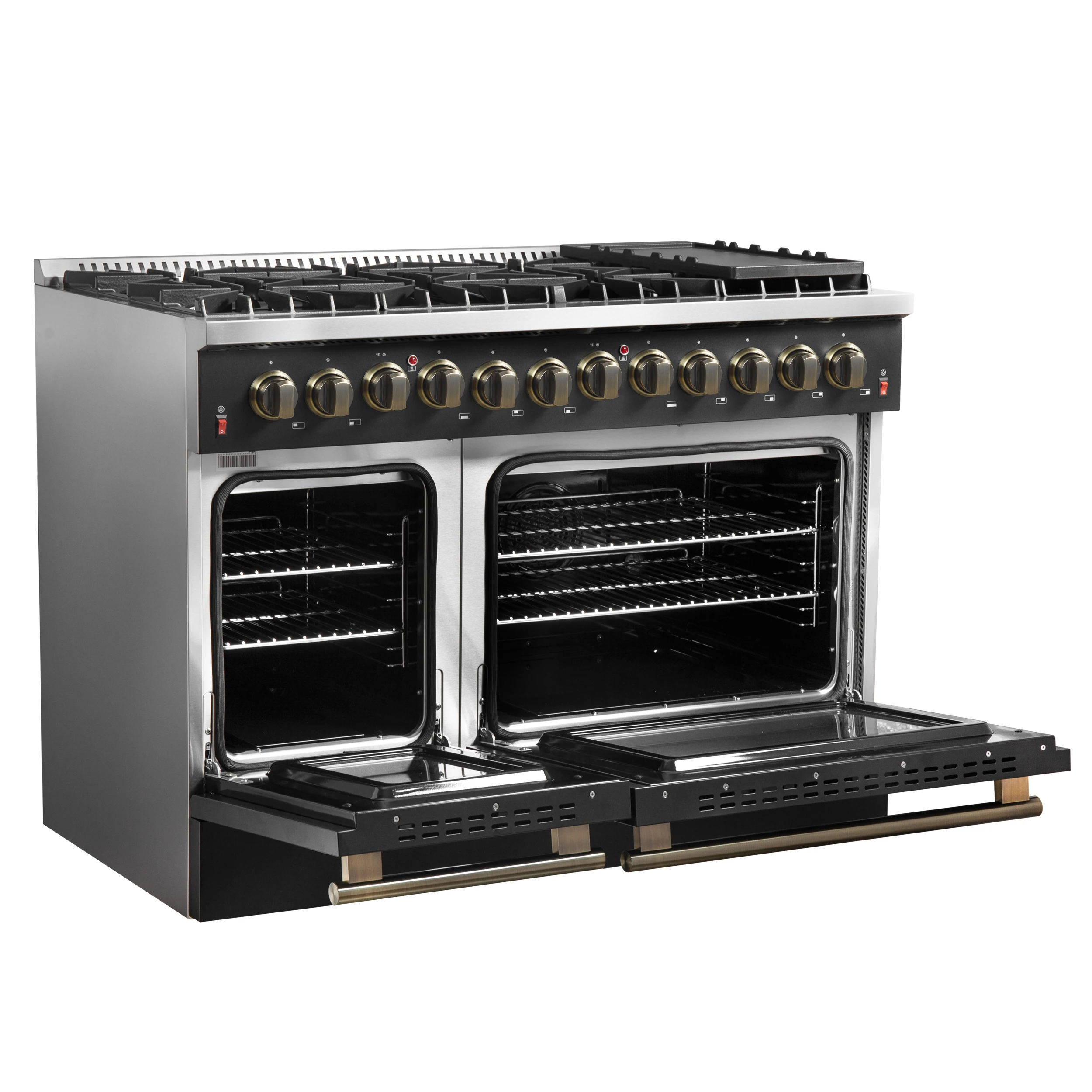 Galiano 48-inch Dual Fuel Range & Antique Brass Design with 8 Sealed Burners 107,000 BTU, 6.58 cu. ft. double ovens & Griddle FFSGS615648BLK