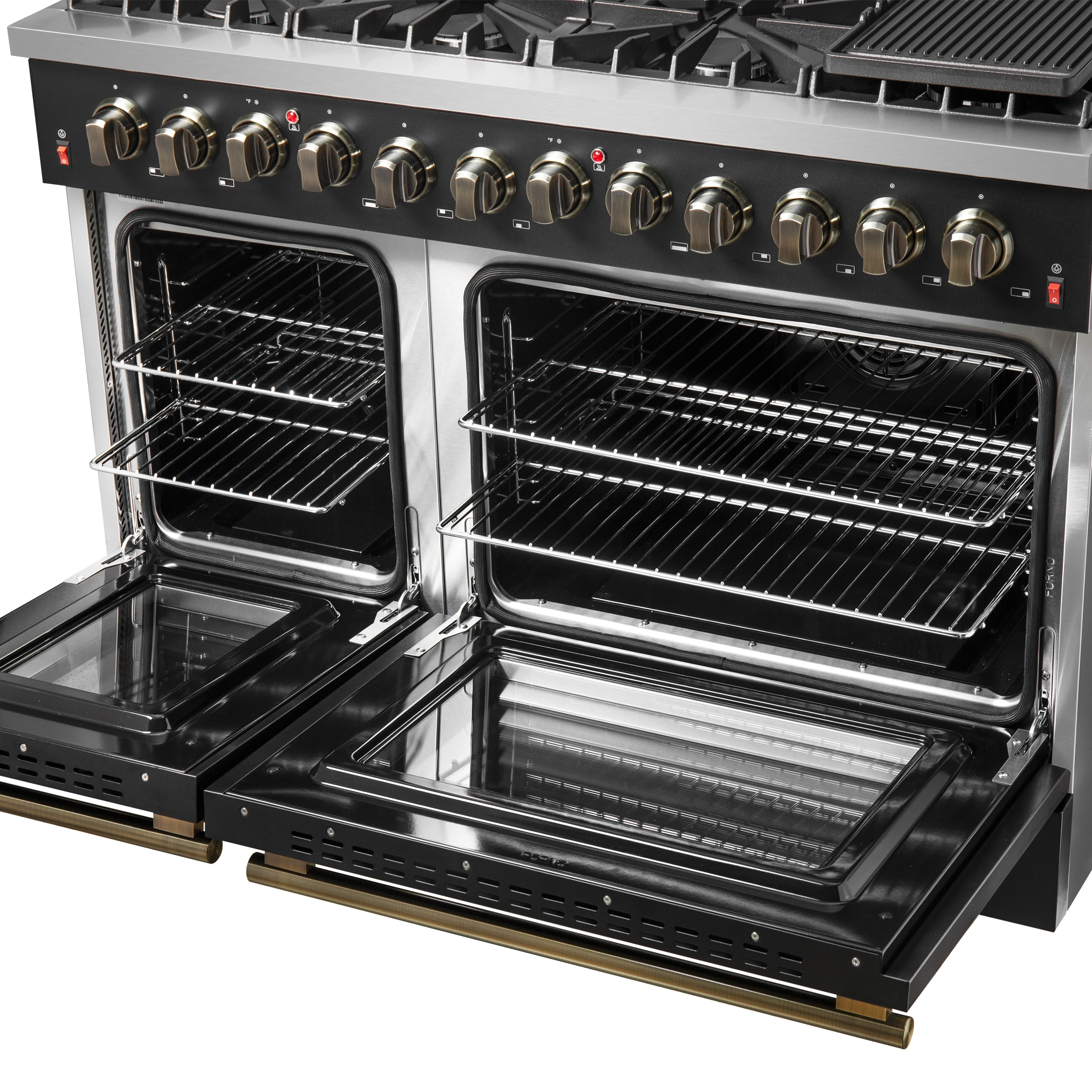 Galiano 48-inch Dual Fuel Range & Antique Brass Design with 8 Sealed Burners 107,000 BTU, 6.58 cu. ft. double ovens & Griddle FFSGS615648BLK