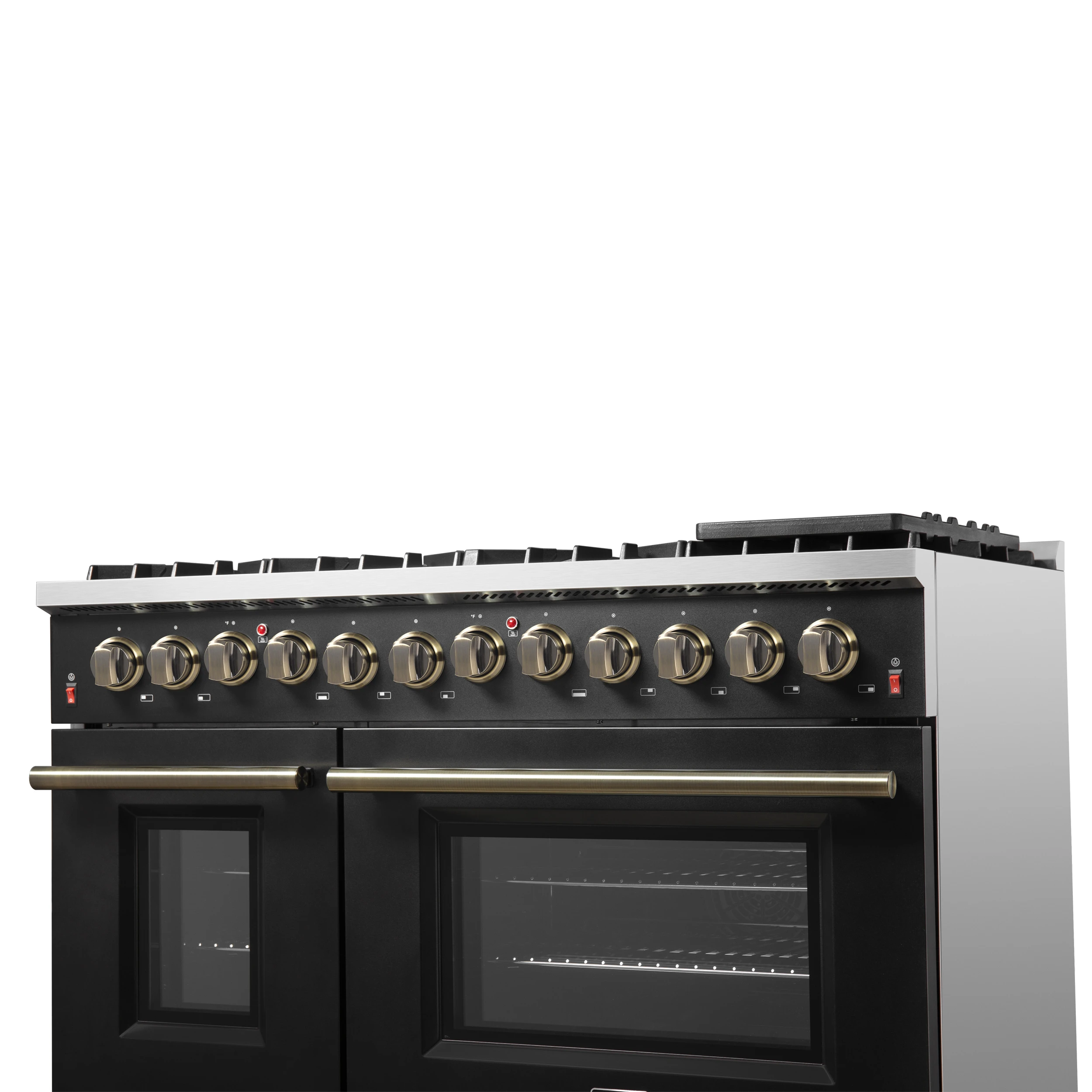 Galiano 48-inch Dual Fuel Range & Antique Brass Design with 8 Sealed Burners 107,000 BTU, 6.58 cu. ft. double ovens & Griddle FFSGS615648BLK