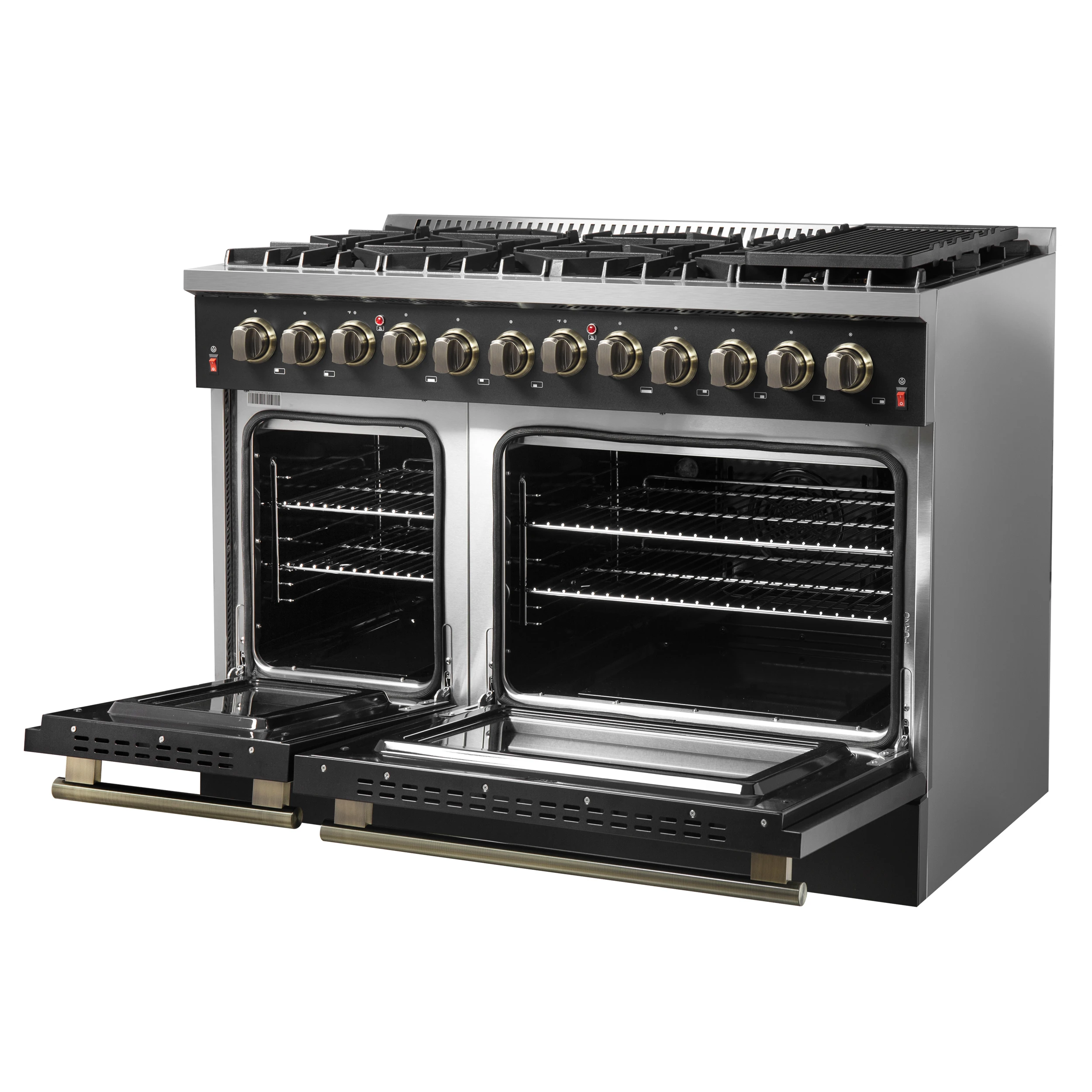 Galiano 48-inch Dual Fuel Range & Antique Brass Design with 8 Sealed Burners 107,000 BTU, 6.58 cu. ft. double ovens & Griddle FFSGS615648BLK