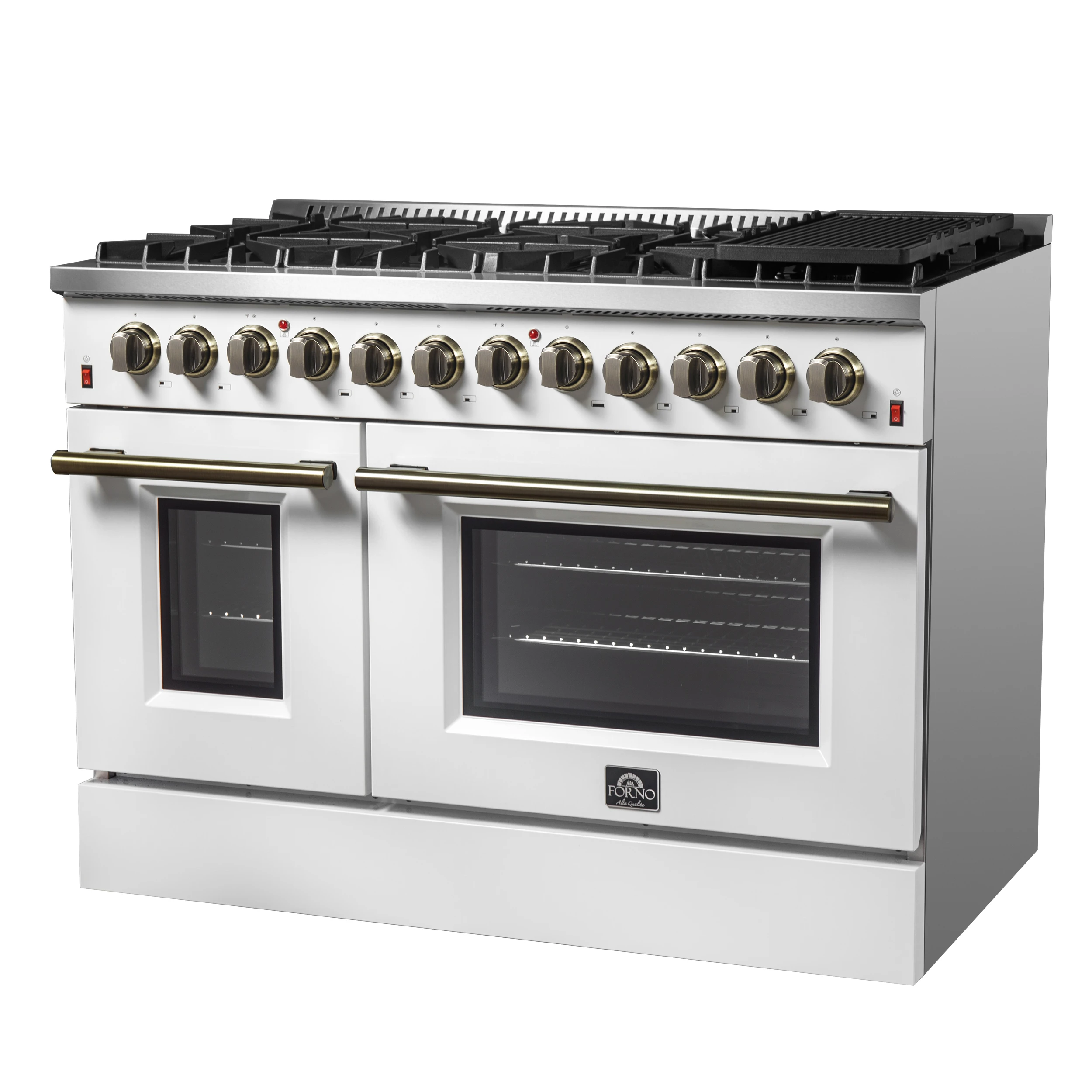 Galiano 48-inch Dual Fuel Range & Antique Brass Design with 8 Sealed Burners 107,000 BTU, 6.58 cu. ft. double ovens & Griddle FFSGS615648WHT