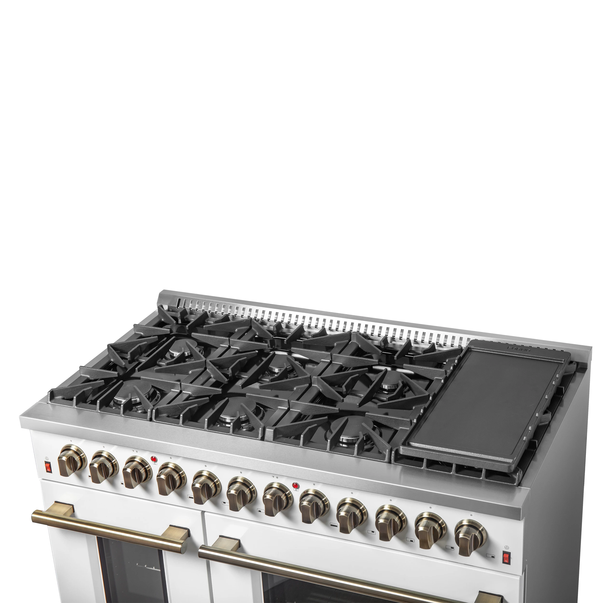 Galiano 48-inch Dual Fuel Range & Antique Brass Design with 8 Sealed Burners 107,000 BTU, 6.58 cu. ft. double ovens & Griddle FFSGS615648WHT