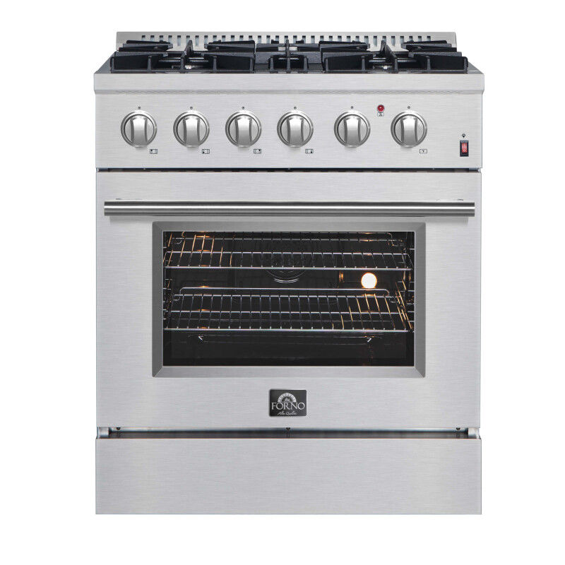 FORNO Marco 30-inch Dual Fuel Range Stainless Steel, 4 Sealed Burners – 37,000 BTU, 4.32 cu.ft. True Convection Oven FFSGS619730