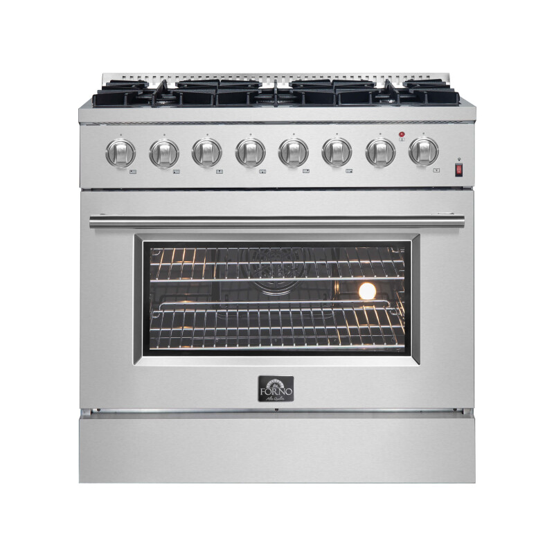 FORNO Marco 36-Inch Dual Fuel Range Stainless Steel, 6 Sealed Burners – 67,000 BTU, 5.36 cu.ft. True Convection Oven FFSGS619736