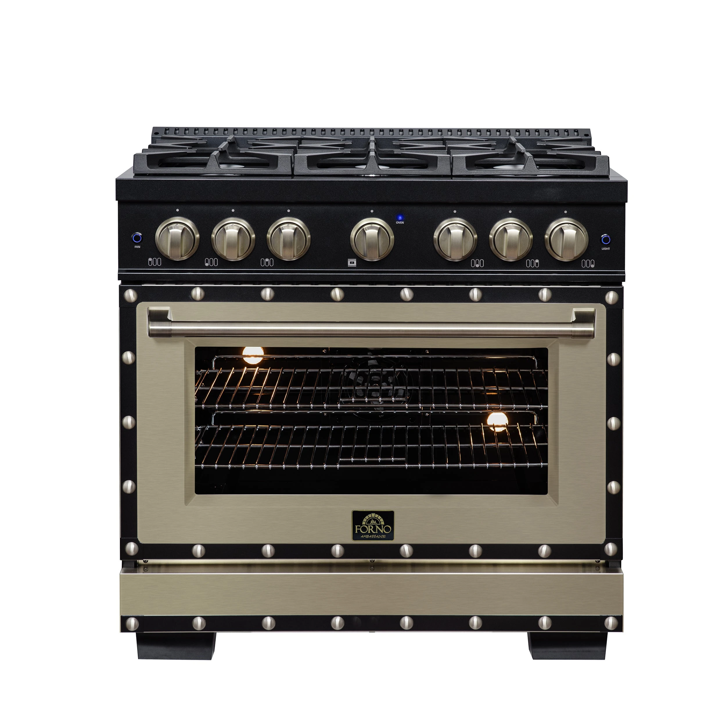 Valente 36" Dual Fuel Range in , 6 Sealed Burners, 71 000 BTU Cooktop Output , 5.2 Cu.Ft. convection Oven, Telescopic Racks FFSGS619936CPBLK