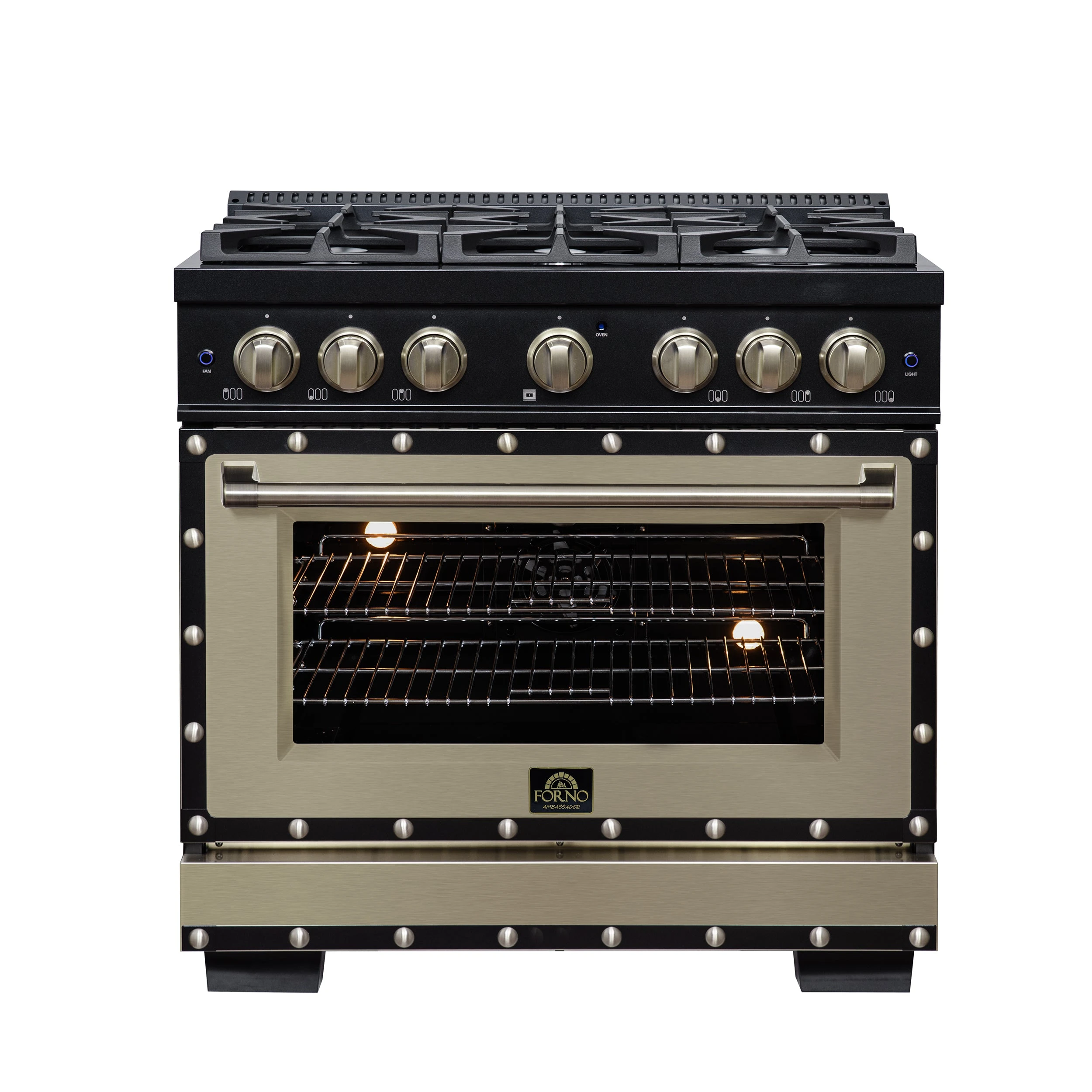 Valente 36" Dual Fuel Range in , 6 Sealed Burners, 71 000 BTU Cooktop Output , 5.2 Cu.Ft. convection Oven, Telescopic Racks FFSGS619936CPBLK