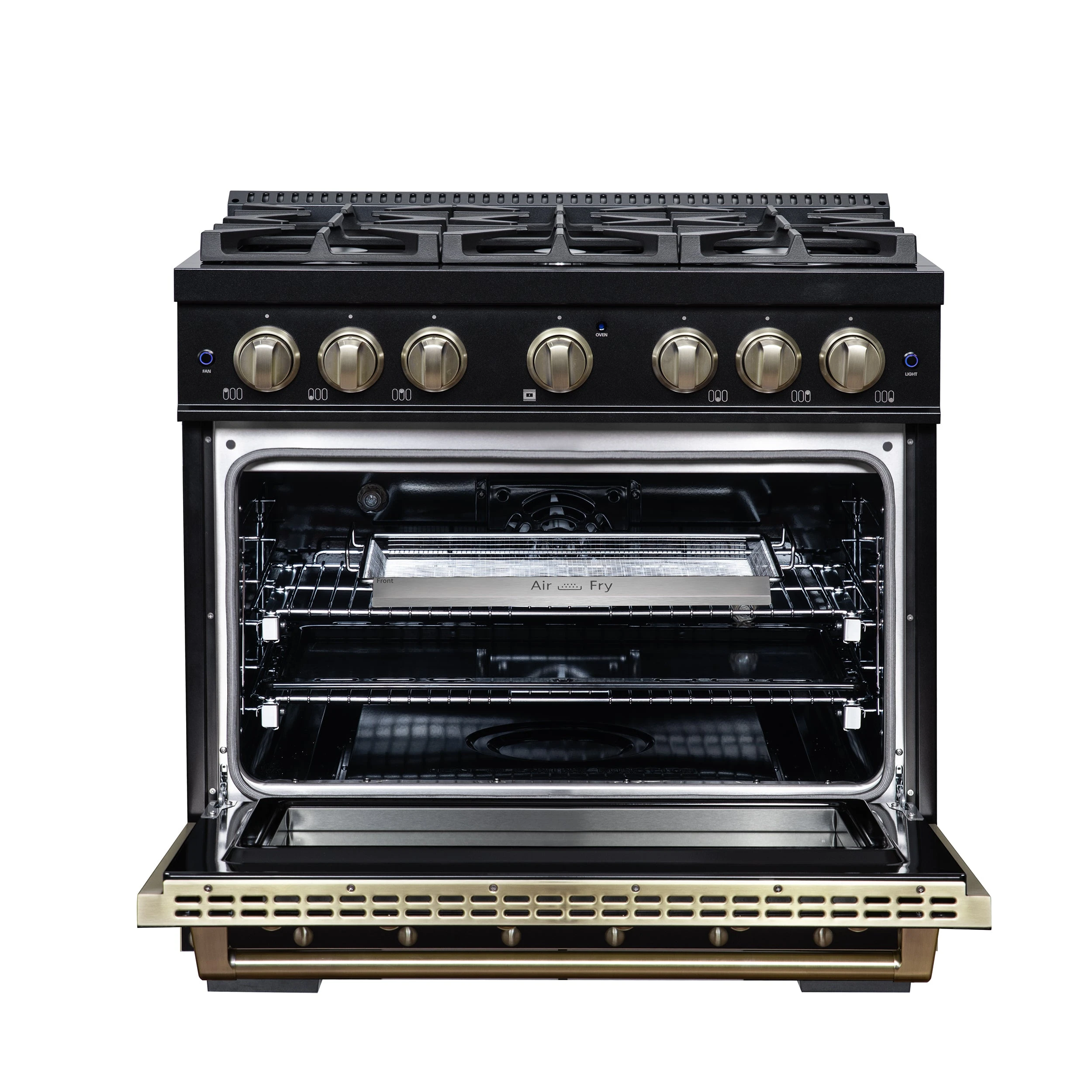 Valente 36" Dual Fuel Range in , 6 Sealed Burners, 71 000 BTU Cooktop Output , 5.2 Cu.Ft. convection Oven, Telescopic Racks FFSGS619936CPBLK