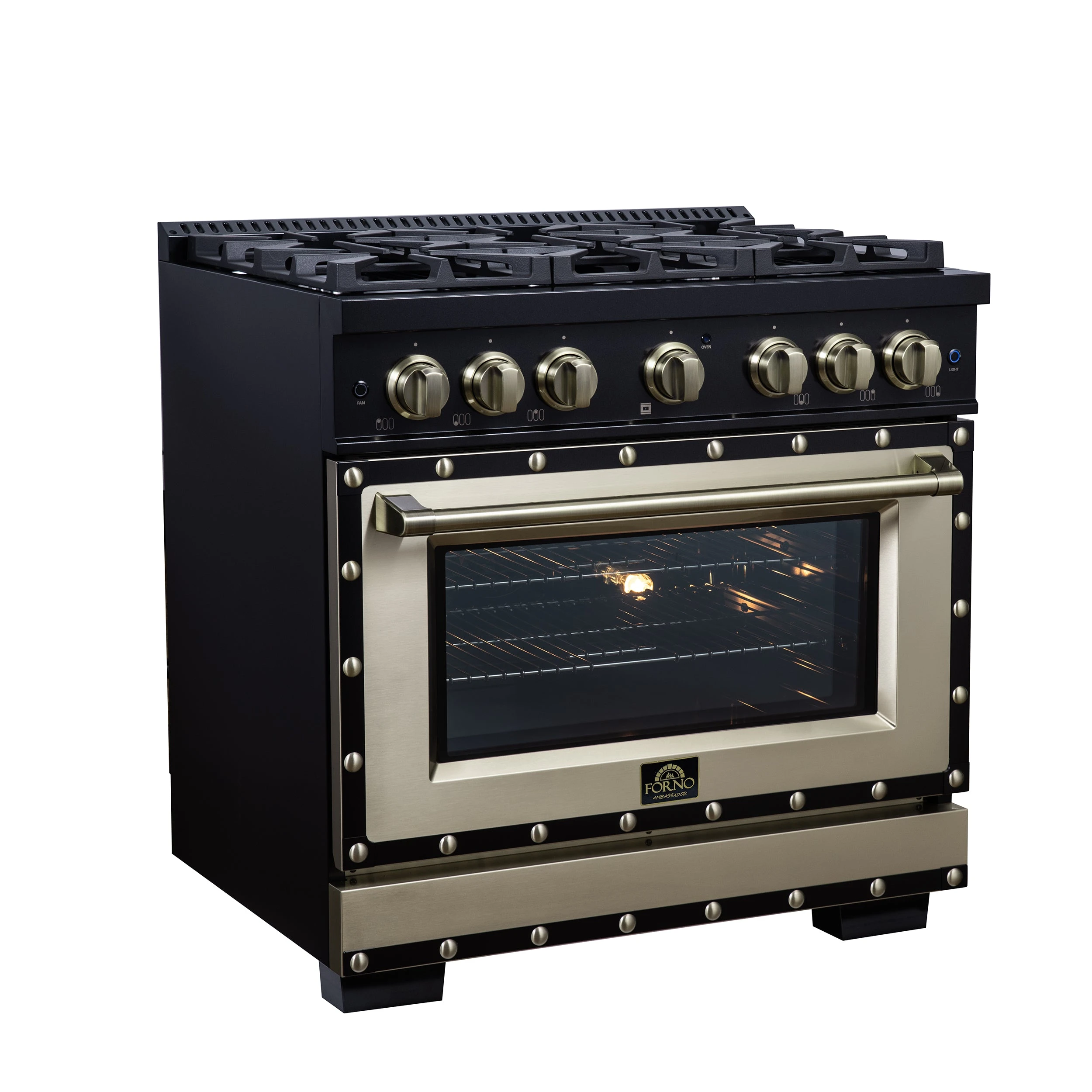 Valente 36" Dual Fuel Range in , 6 Sealed Burners, 71 000 BTU Cooktop Output , 5.2 Cu.Ft. convection Oven, Telescopic Racks FFSGS619936CPBLK