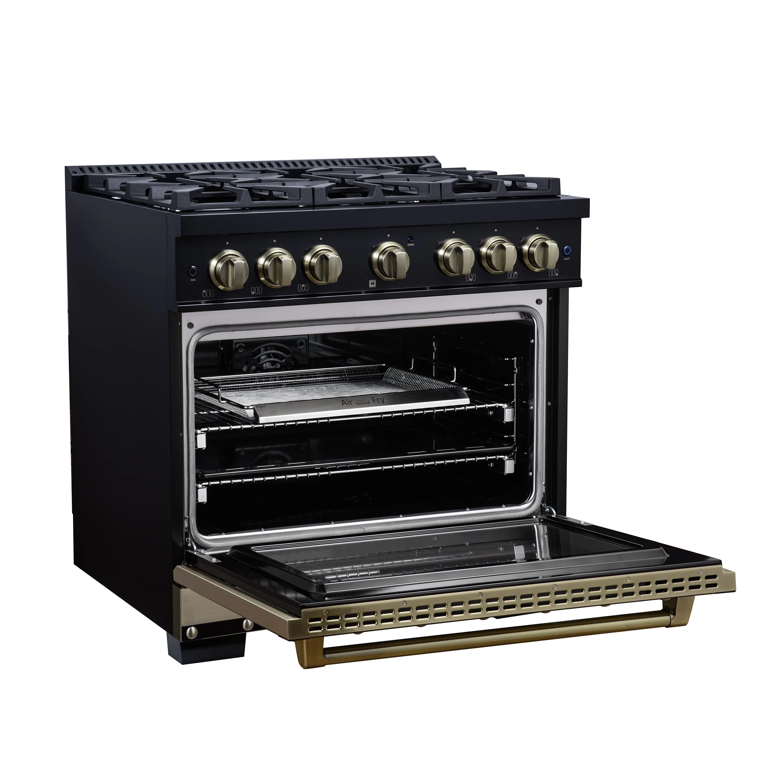 Valente 36" Dual Fuel Range in , 6 Sealed Burners, 71 000 BTU Cooktop Output , 5.2 Cu.Ft. convection Oven, Telescopic Racks FFSGS619936CPBLK