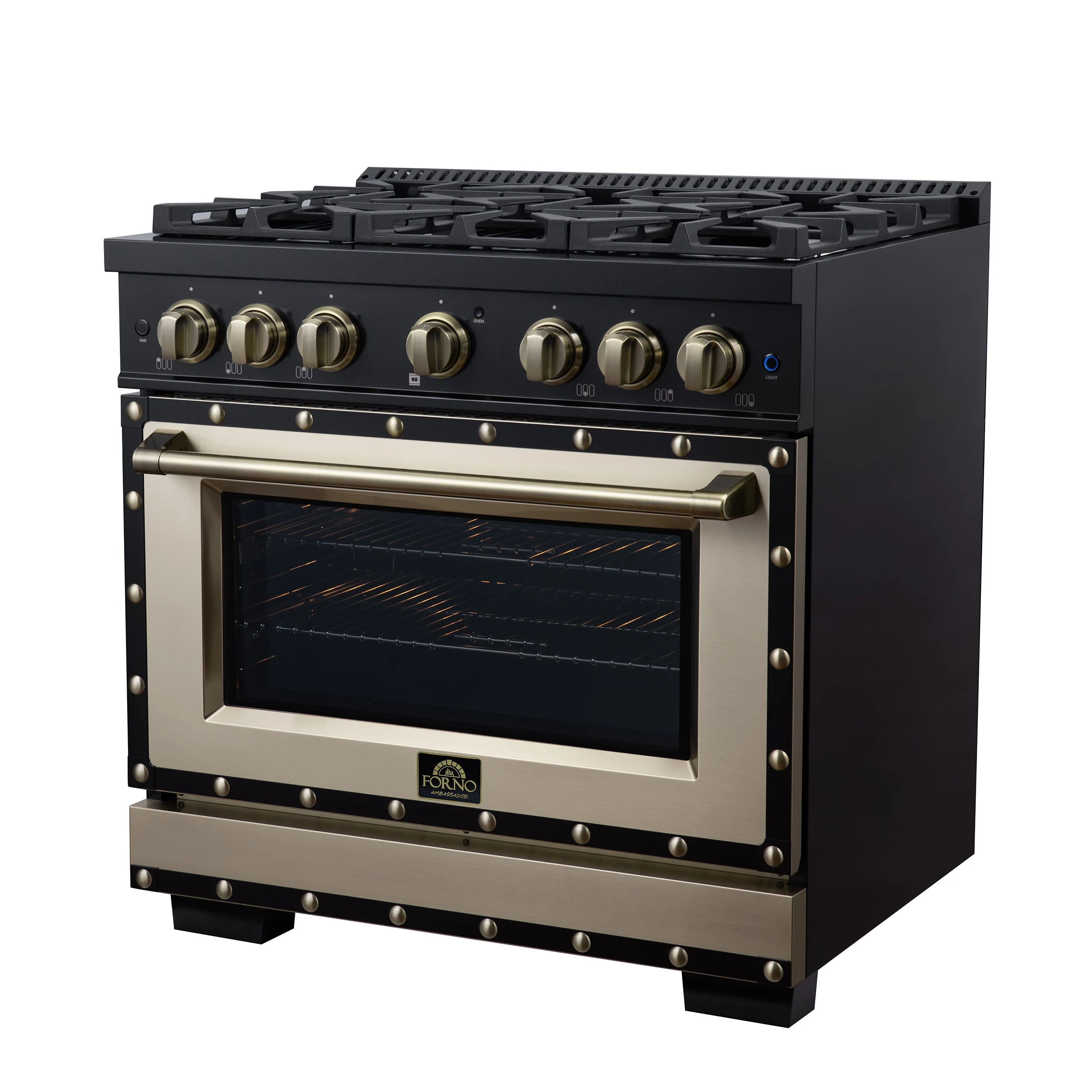 Valente 36" Dual Fuel Range in , 6 Sealed Burners, 71 000 BTU Cooktop Output , 5.2 Cu.Ft. convection Oven, Telescopic Racks FFSGS619936CPBLK