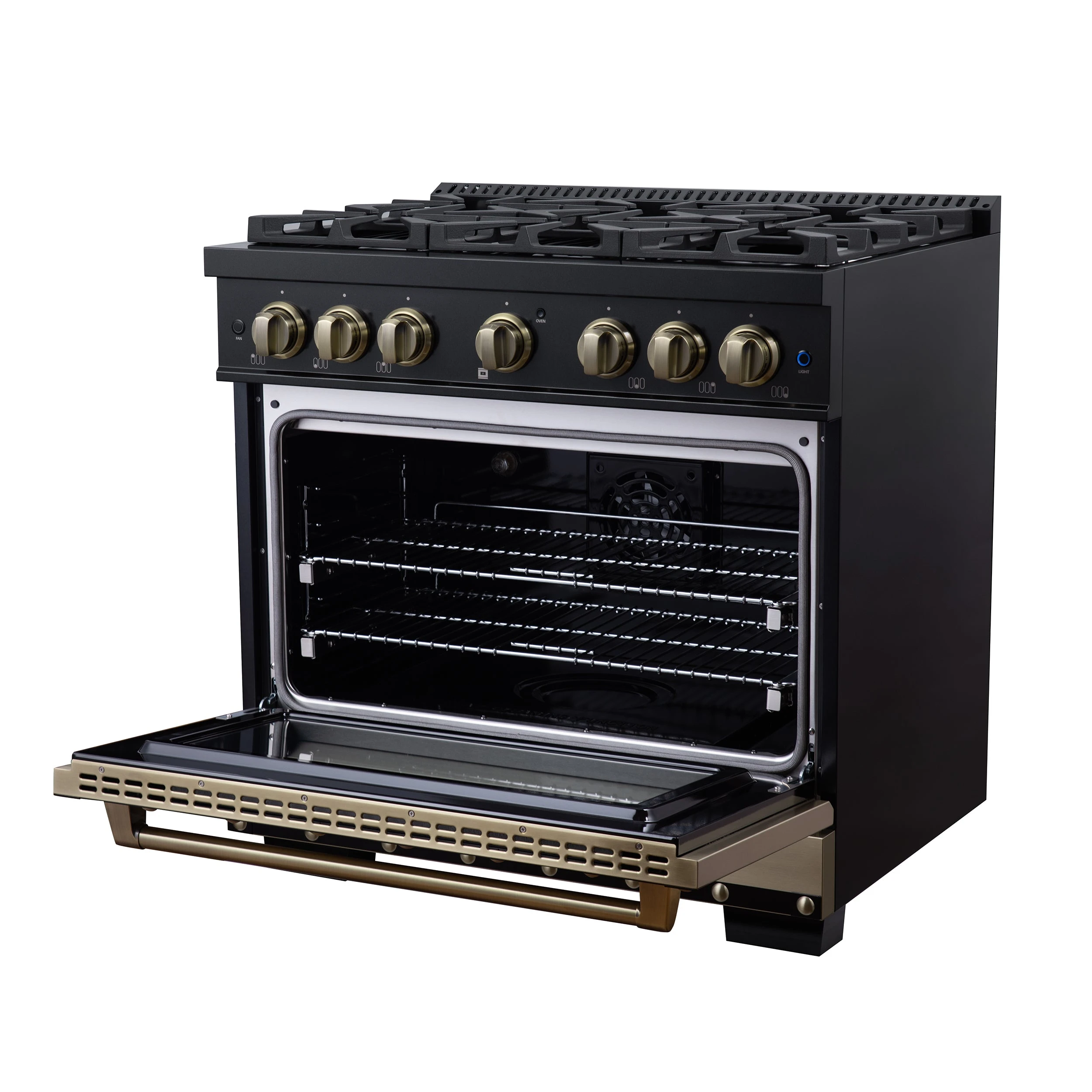 Valente 36" Dual Fuel Range in , 6 Sealed Burners, 71 000 BTU Cooktop Output , 5.2 Cu.Ft. convection Oven, Telescopic Racks FFSGS619936CPBLK