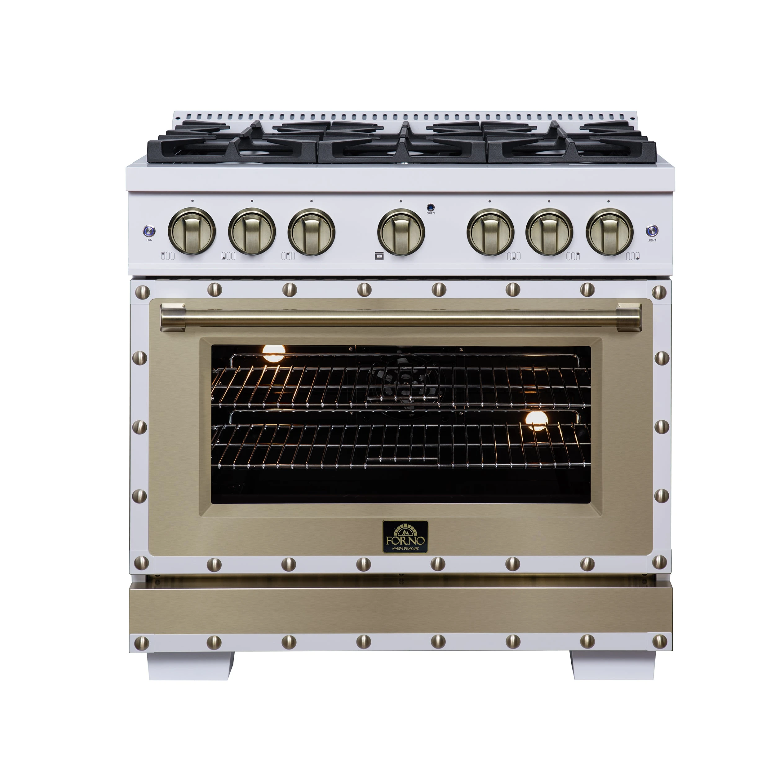Valente 36" Dual Fuel Range in , 6 Sealed Burners, 71 000 BTU Cooktop Output , 5.2 Cu.Ft. convection Oven, Telescopic Racks FFSGS619936CPWHT