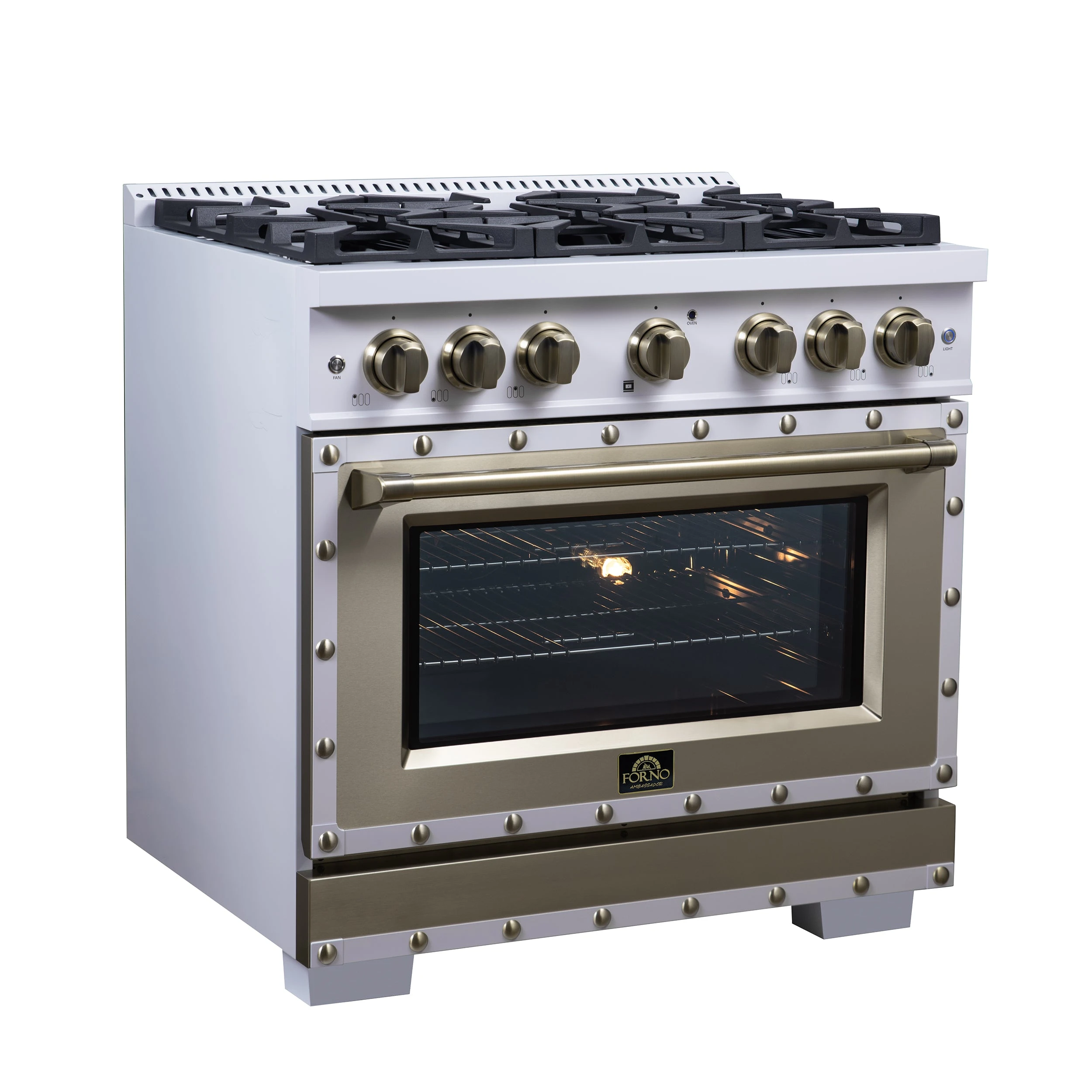 Valente 36" Dual Fuel Range in , 6 Sealed Burners, 71 000 BTU Cooktop Output , 5.2 Cu.Ft. convection Oven, Telescopic Racks FFSGS619936CPWHT