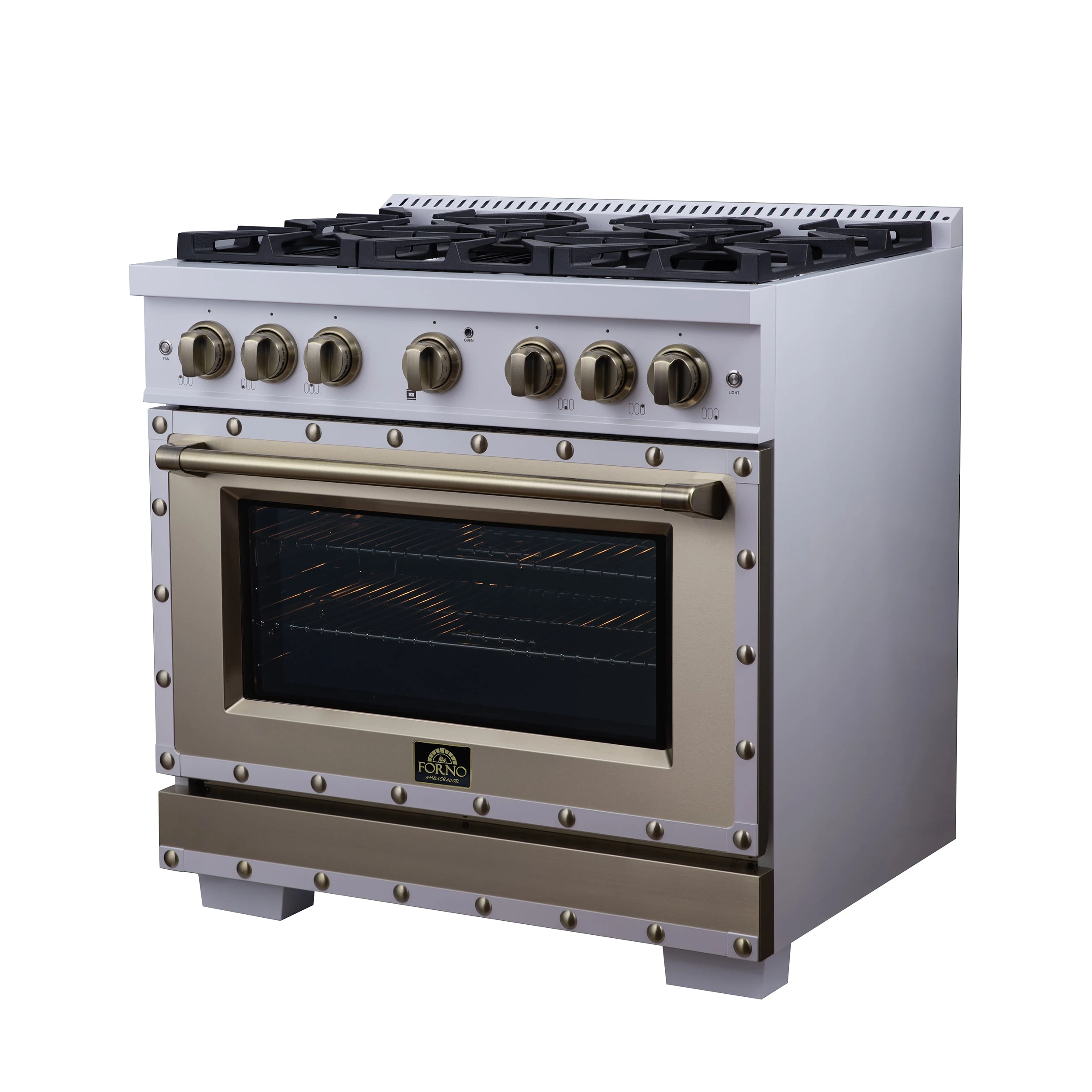 Valente 36" Dual Fuel Range in , 6 Sealed Burners, 71 000 BTU Cooktop Output , 5.2 Cu.Ft. convection Oven, Telescopic Racks FFSGS619936CPWHT