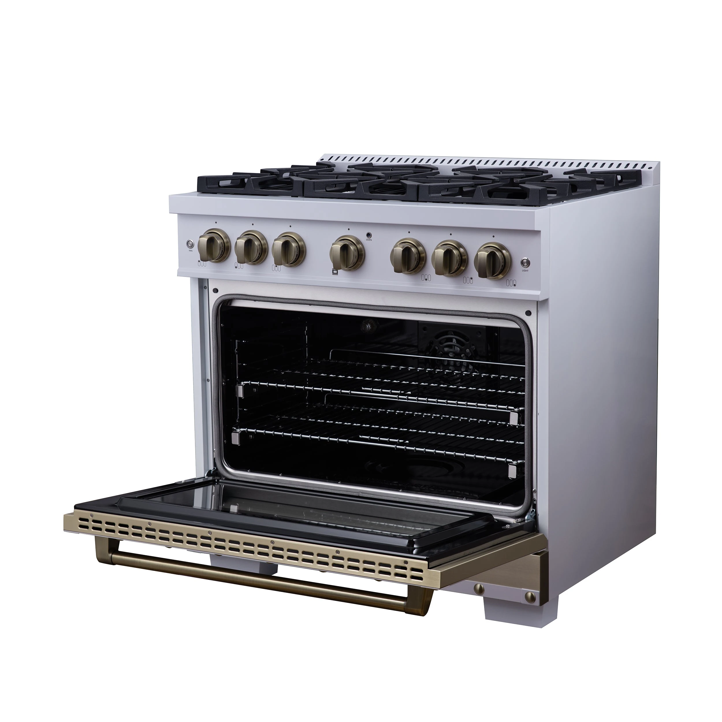 Valente 36" Dual Fuel Range in , 6 Sealed Burners, 71 000 BTU Cooktop Output , 5.2 Cu.Ft. convection Oven, Telescopic Racks FFSGS619936CPWHT