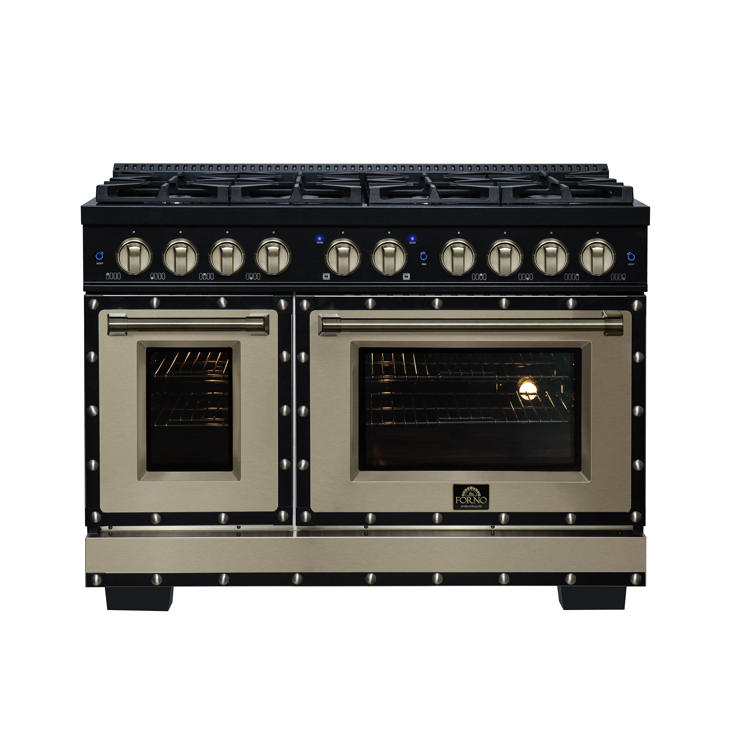 Valente 48" Dual Fuel Range in , 8 Sealed Burners, 94 000 BTU Cooktop Output, 6.7 Cu.Ft. Double Oven, Telescopic Racks FFSGS619948CPBLK