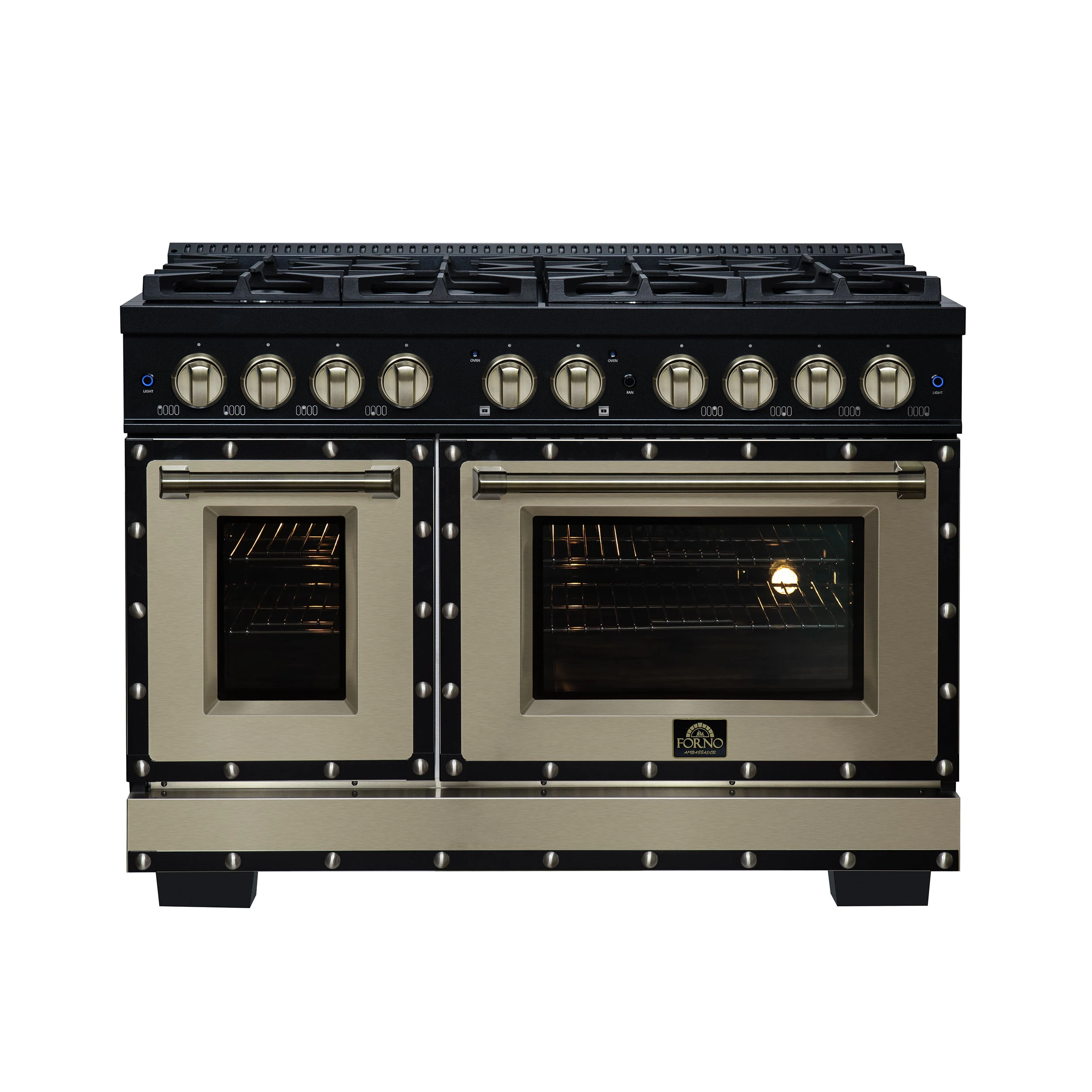 Valente 48" Dual Fuel Range in , 8 Sealed Burners, 94 000 BTU Cooktop Output, 6.7 Cu.Ft. Double Oven, Telescopic Racks FFSGS619948CPBLK