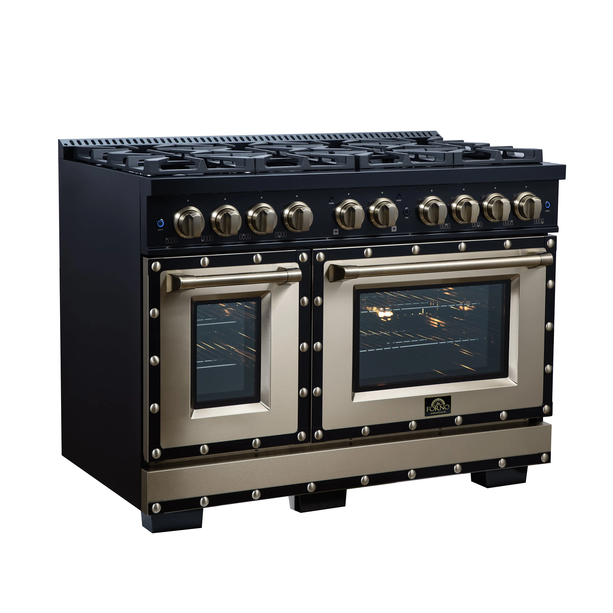 Valente 48" Dual Fuel Range in , 8 Sealed Burners, 94 000 BTU Cooktop Output, 6.7 Cu.Ft. Double Oven, Telescopic Racks FFSGS619948CPBLK