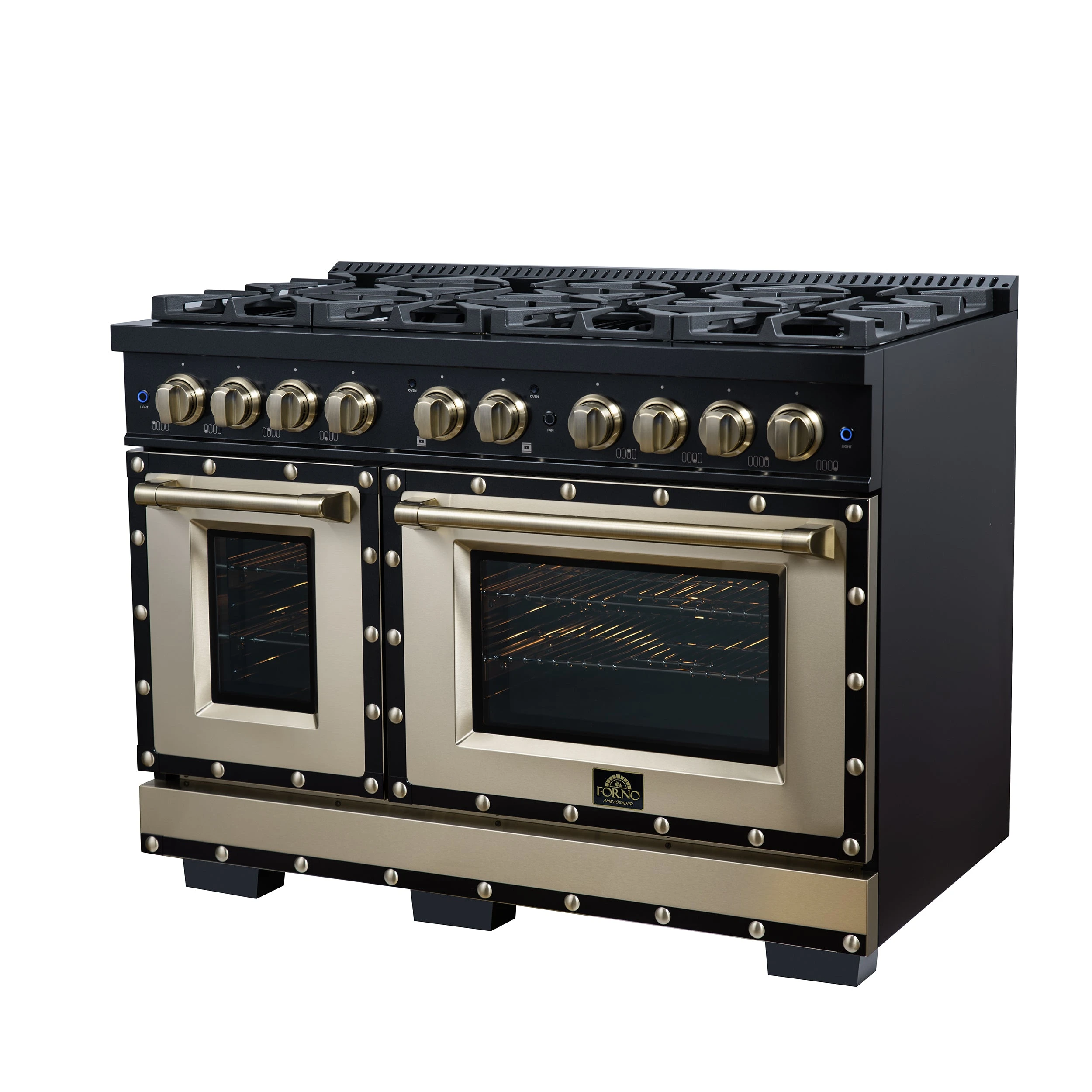 Valente 48" Dual Fuel Range in , 8 Sealed Burners, 94 000 BTU Cooktop Output, 6.7 Cu.Ft. Double Oven, Telescopic Racks FFSGS619948CPBLK