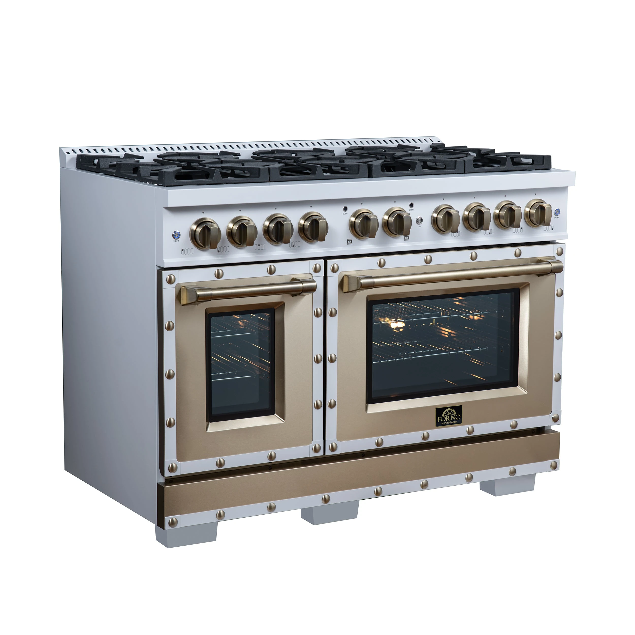 Valente 48" Dual Fuel Range in , 8 Sealed Burners, 94 000 BTU Cooktop Output, 6.7 Cu.Ft. Double Oven, Telescopic Racks FFSGS619948CPWHT