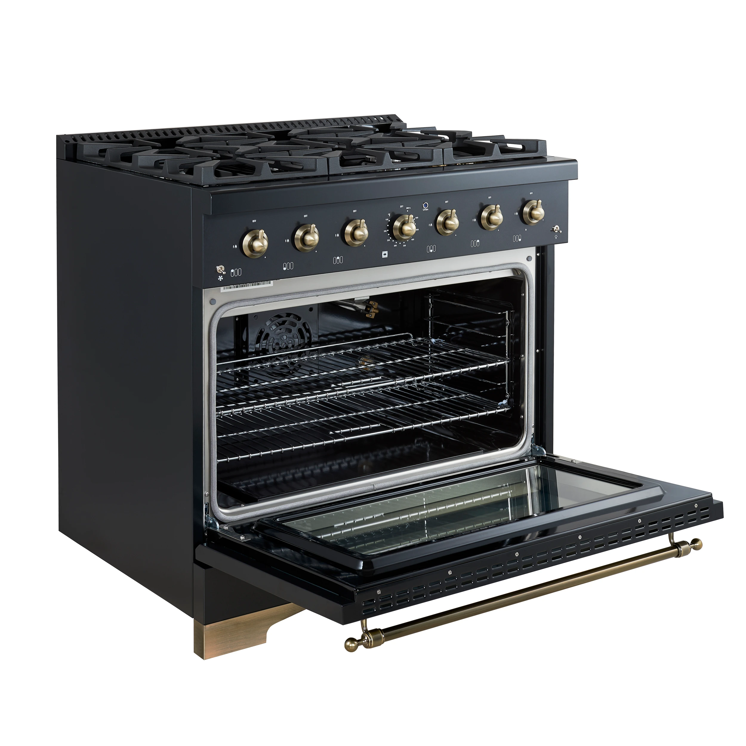 Antico 36-Inch Freestanding Gas Range, , Antique Brass Design, 6 Burners, Convection Oven, Energy Efficient FFSGS621936BLK