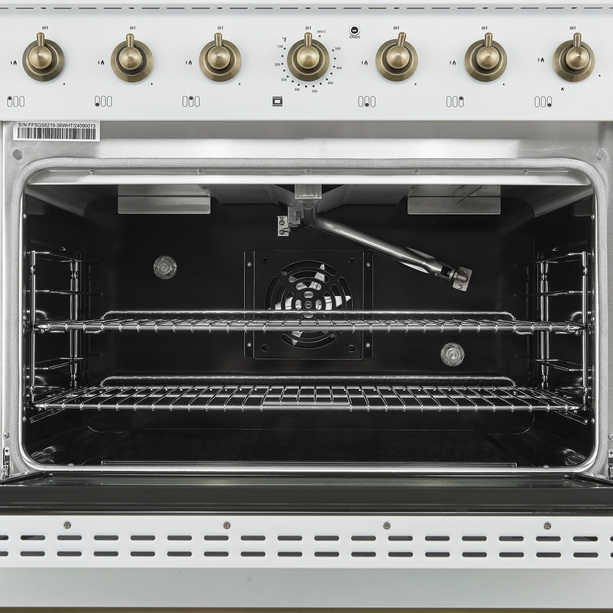 Antico 36-Inch Freestanding Gas Range, , Antique Brass Design, 6 Burners, Convection Oven, Energy Efficient FFSGS621936WHT