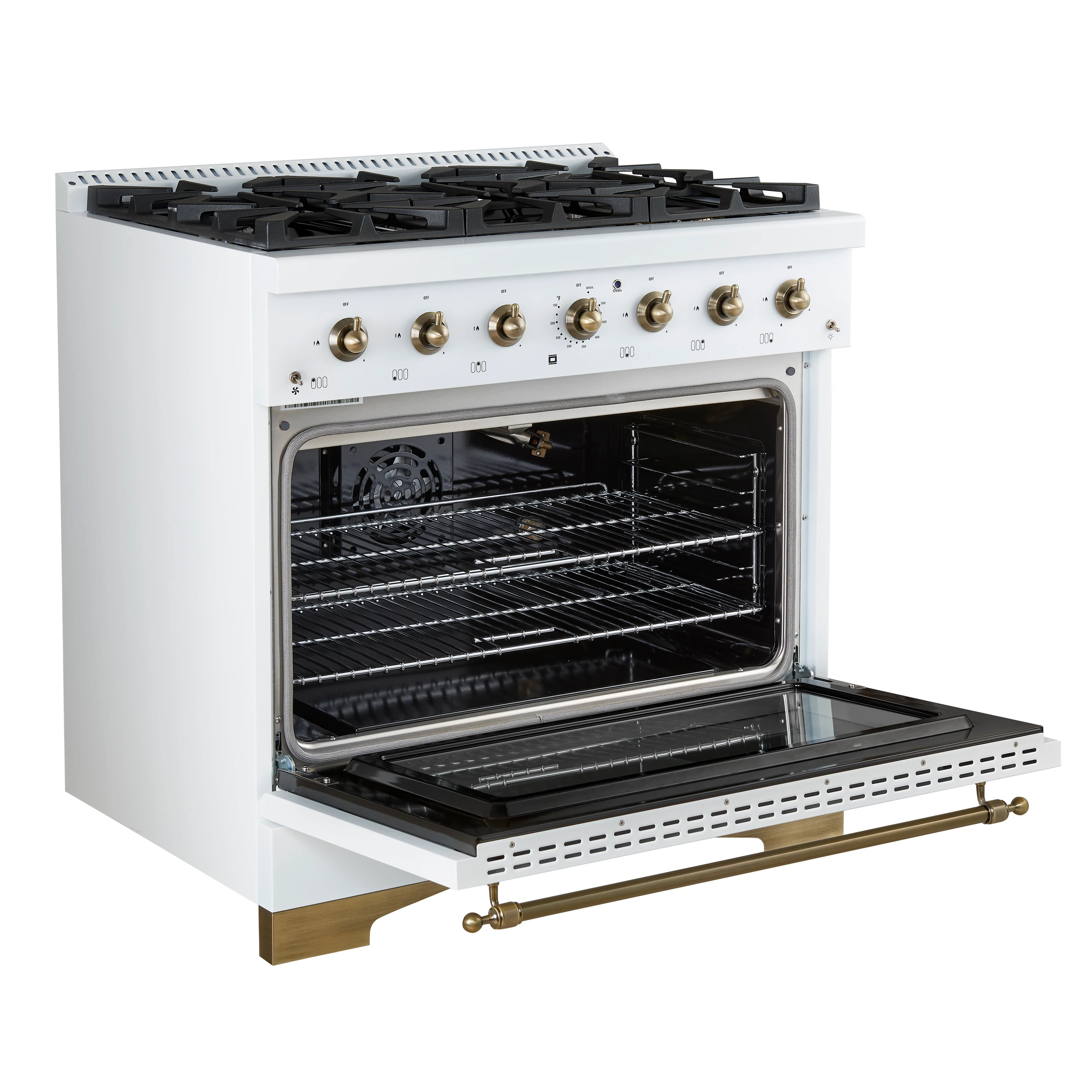 Antico 36-Inch Freestanding Gas Range, , Antique Brass Design, 6 Burners, Convection Oven, Energy Efficient FFSGS621936WHT