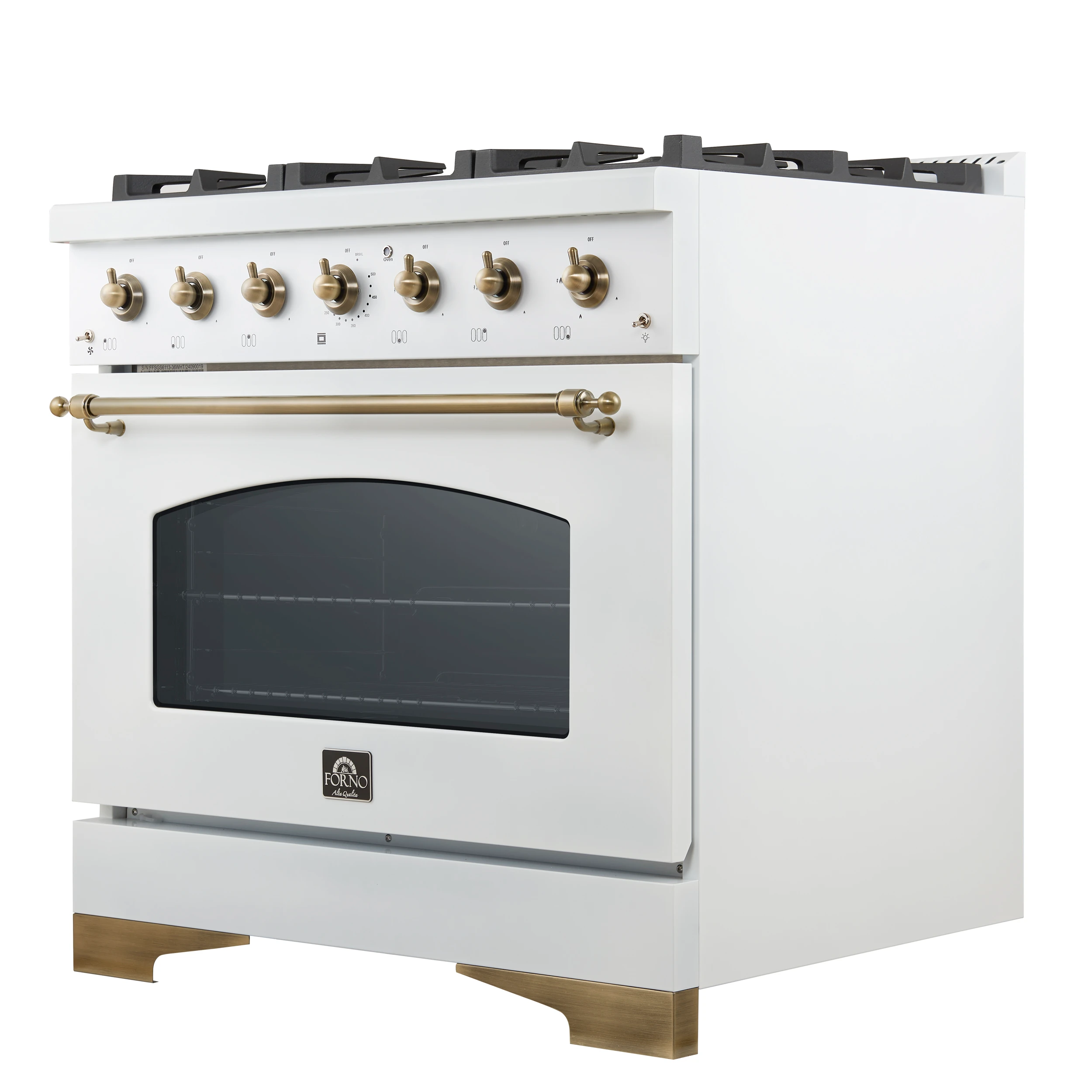Antico 36-Inch Freestanding Gas Range, , Antique Brass Design, 6 Burners, Convection Oven, Energy Efficient FFSGS621936WHT