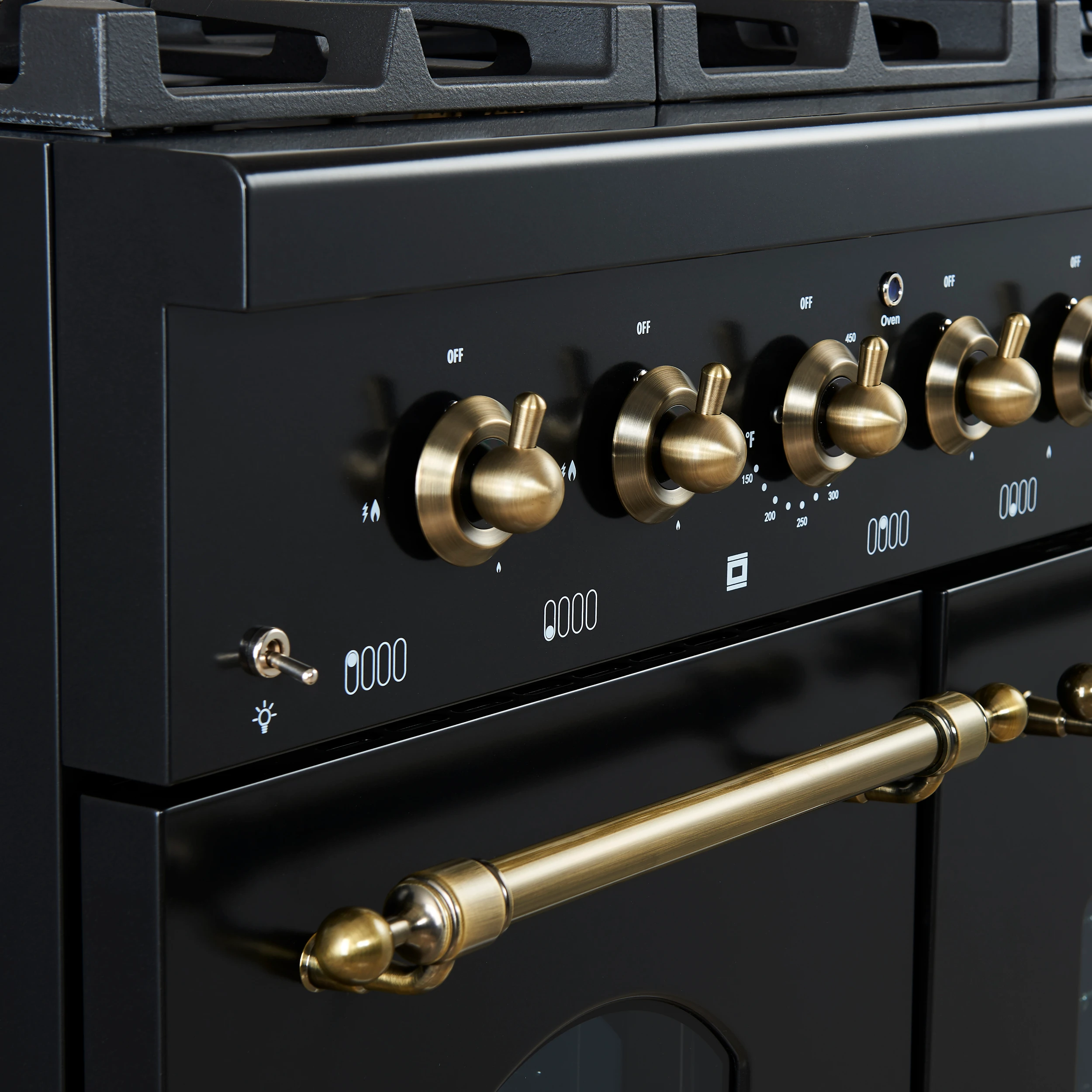Antico 48-Inch Freestanding Gas Range, Black, Antique Brass Design, 8 Burners, Griddle, Double Ovens, Energy Efficient FFSGS621948BLK