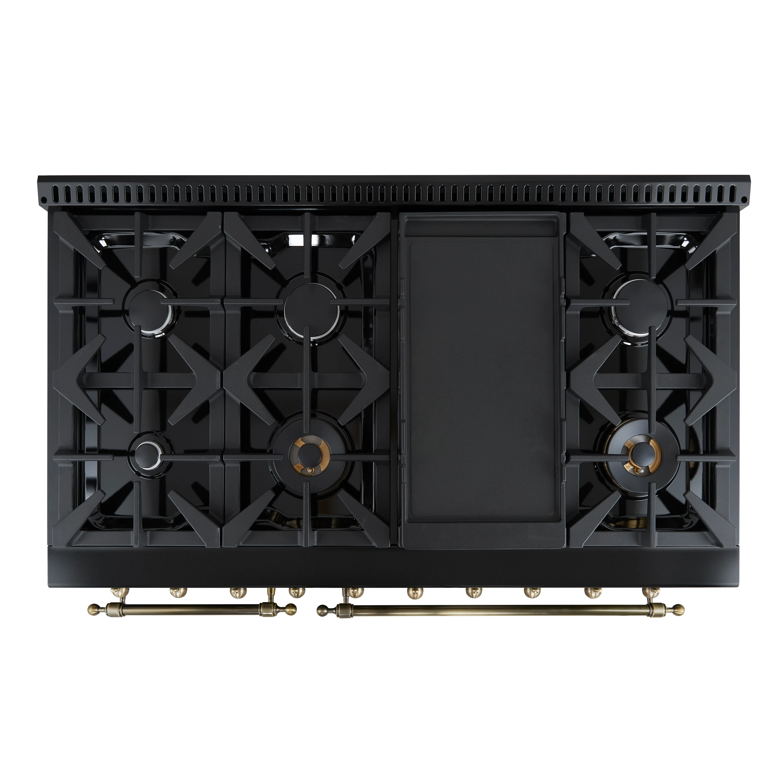 Antico 48-Inch Freestanding Gas Range, Black, Antique Brass Design, 8 Burners, Griddle, Double Ovens, Energy Efficient FFSGS621948BLK