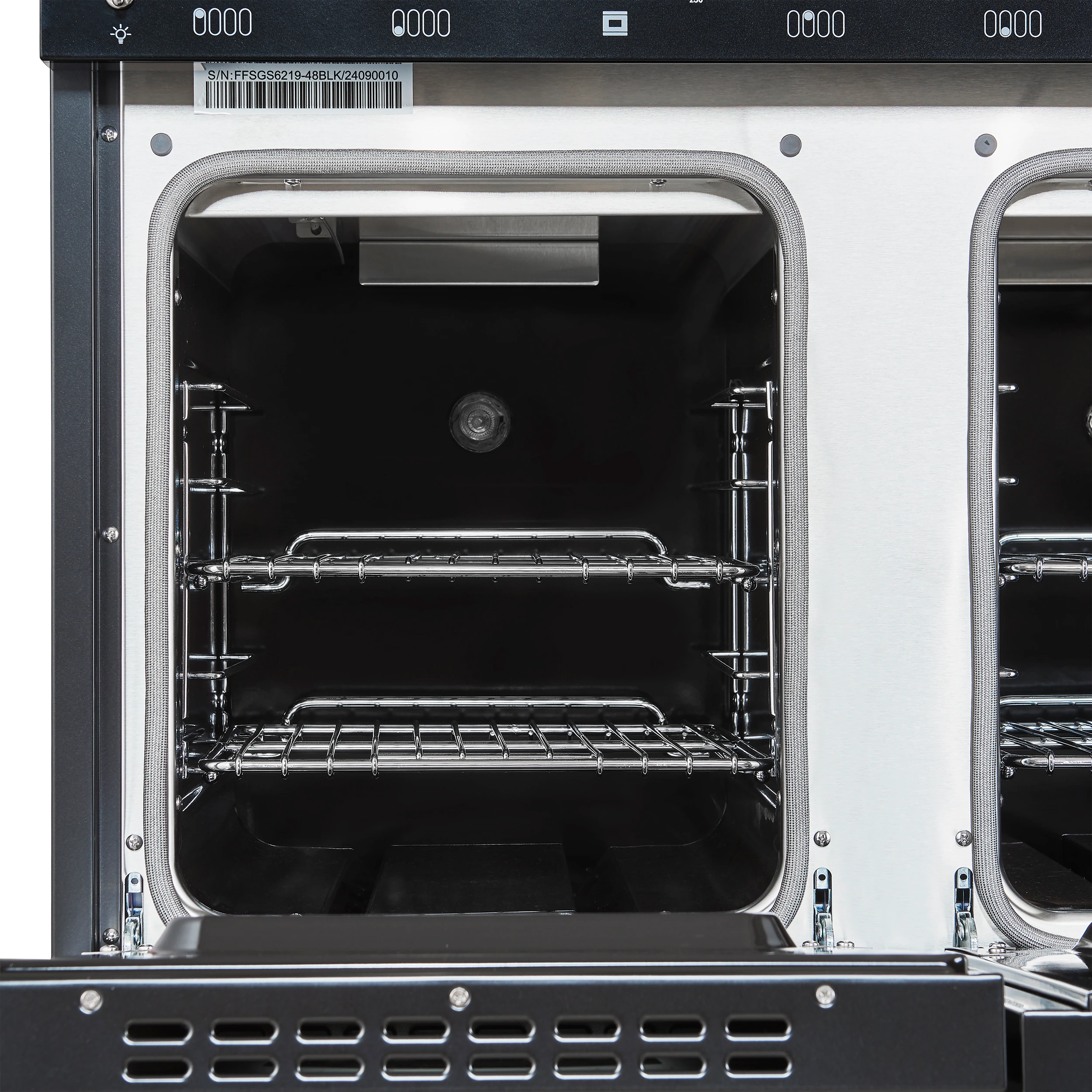 Antico 48-Inch Freestanding Gas Range, Black, Antique Brass Design, 8 Burners, Griddle, Double Ovens, Energy Efficient FFSGS621948BLK