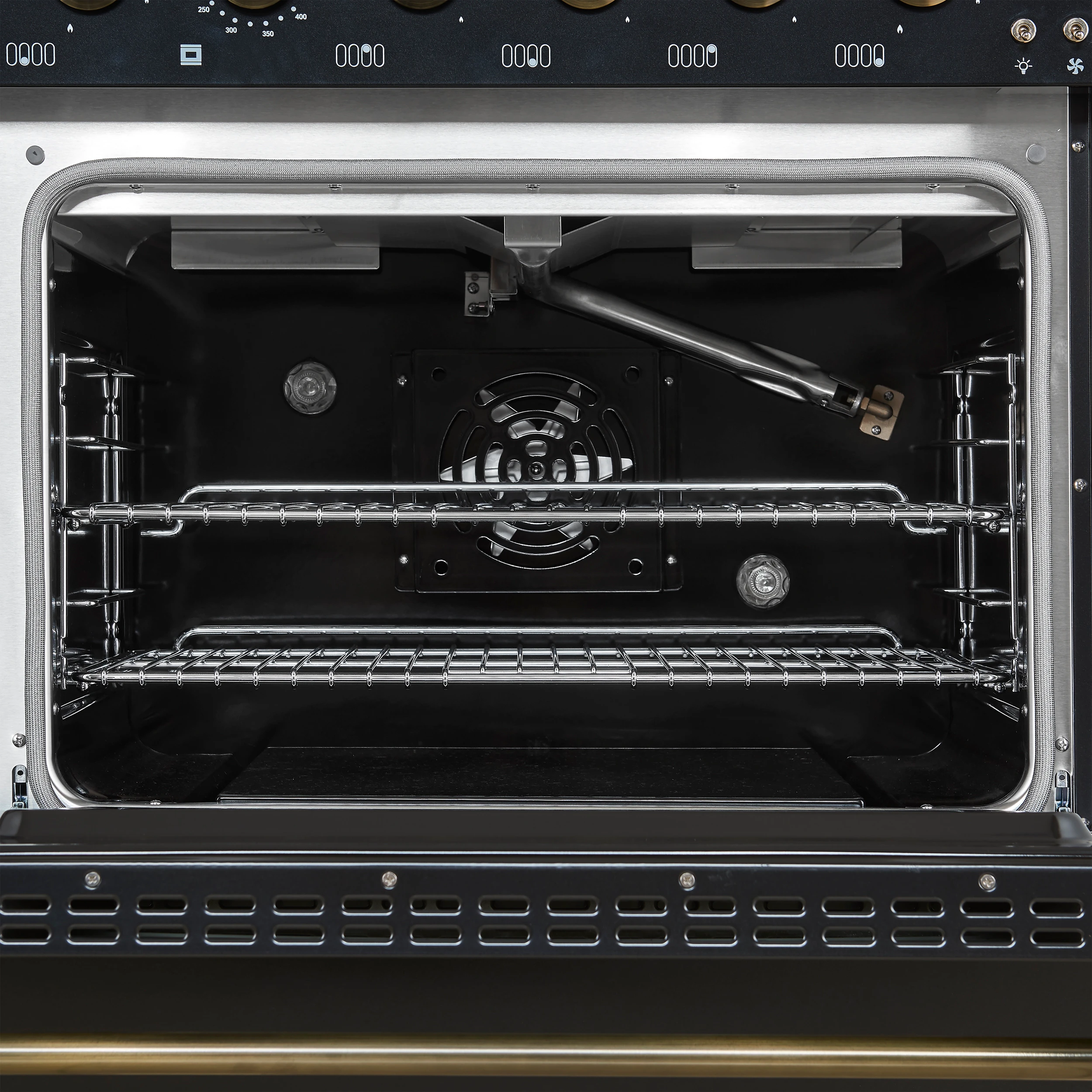 Antico 48-Inch Freestanding Gas Range, Black, Antique Brass Design, 8 Burners, Griddle, Double Ovens, Energy Efficient FFSGS621948BLK