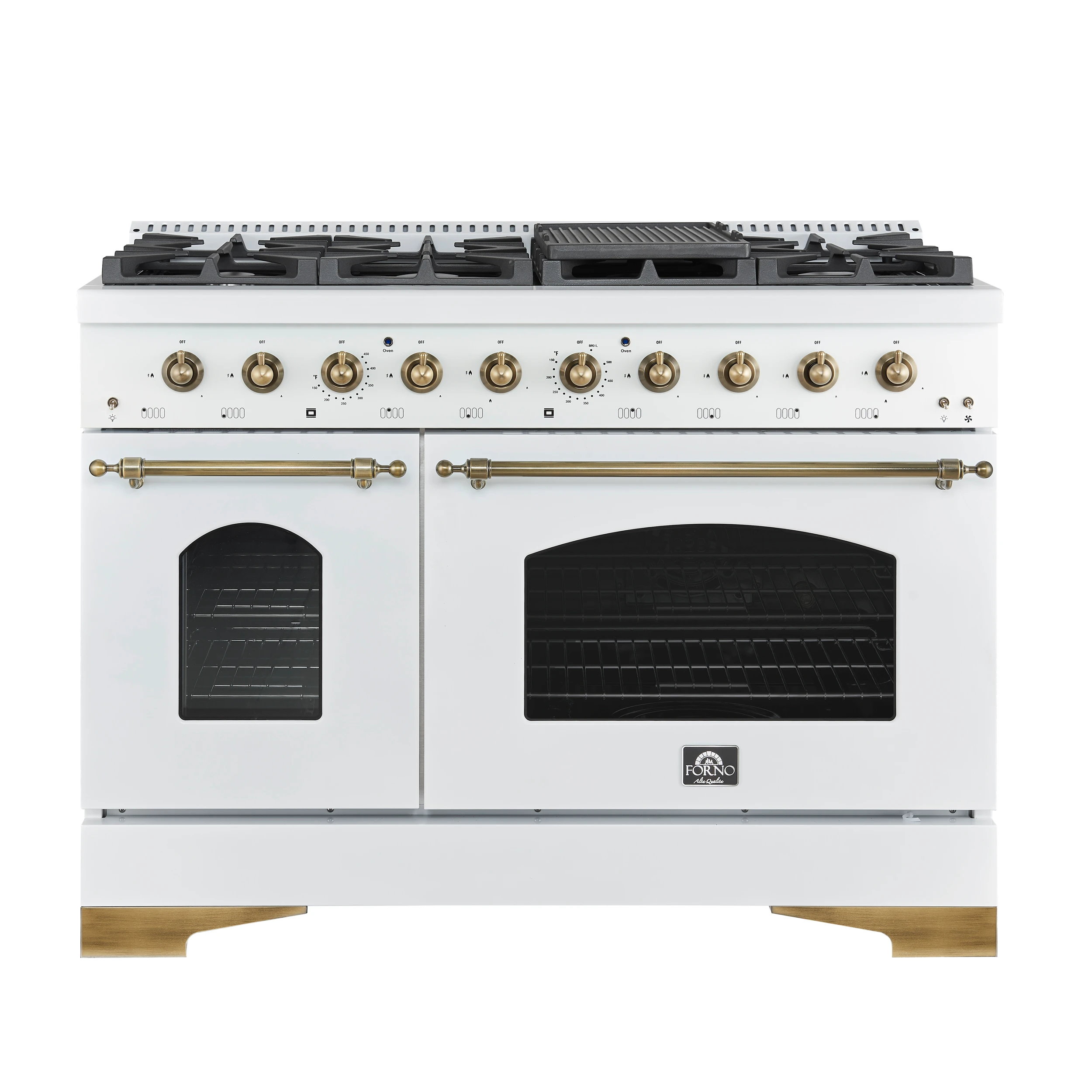 Antico 48-Inch Freestanding Gas Range, , Antique Brass Design, 8 Burners, Griddle, Double Ovens, Energy Efficient FFSGS621948WHT