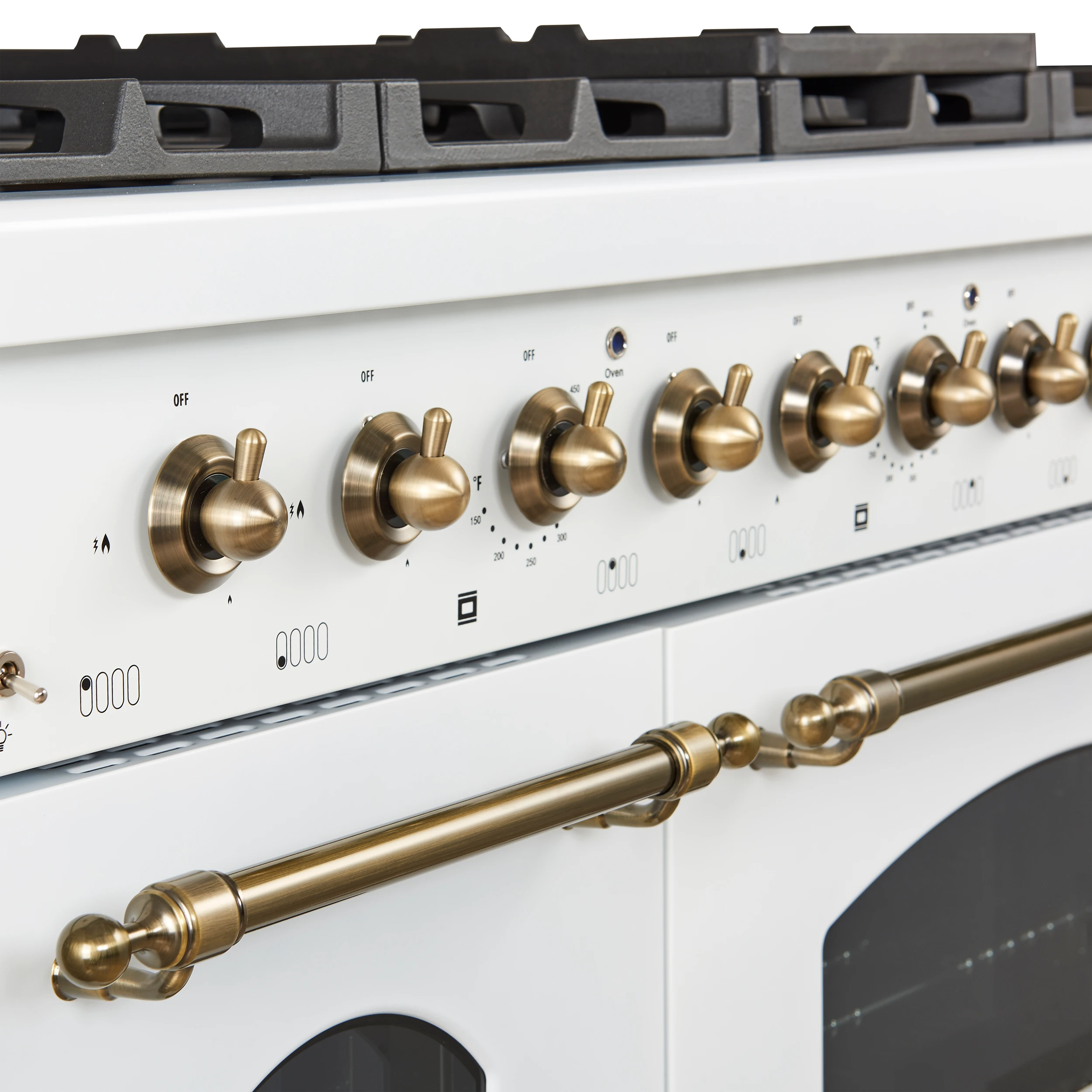 Antico 48-Inch Freestanding Gas Range, , Antique Brass Design, 8 Burners, Griddle, Double Ovens, Energy Efficient FFSGS621948WHT