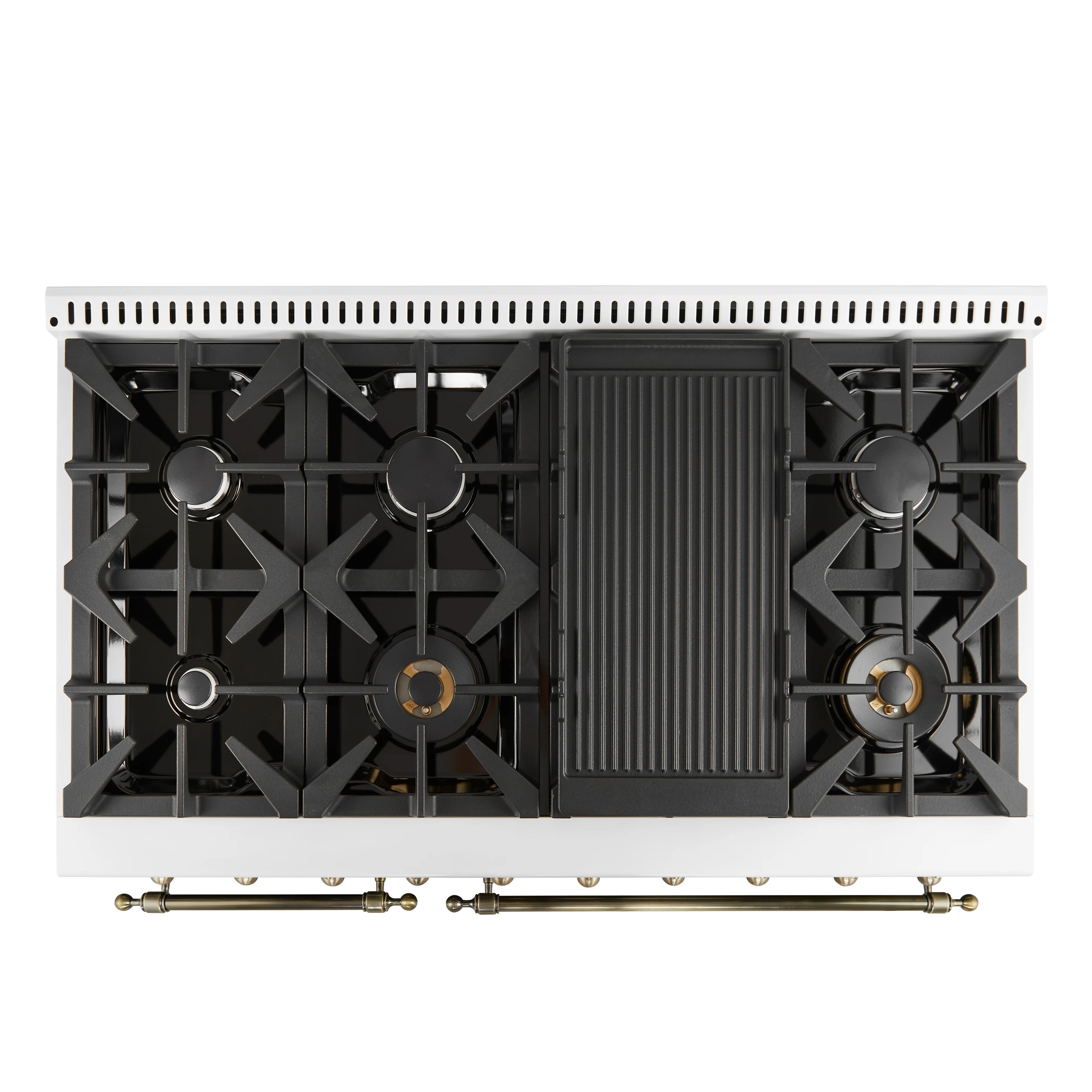 Antico 48-Inch Freestanding Gas Range, , Antique Brass Design, 8 Burners, Griddle, Double Ovens, Energy Efficient FFSGS621948WHT