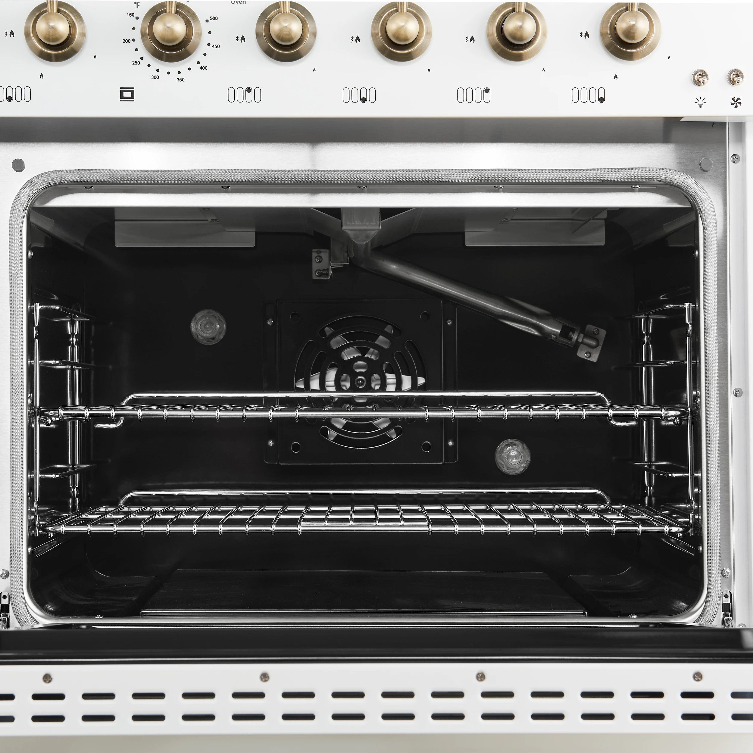 Antico 48-Inch Freestanding Gas Range, , Antique Brass Design, 8 Burners, Griddle, Double Ovens, Energy Efficient FFSGS621948WHT