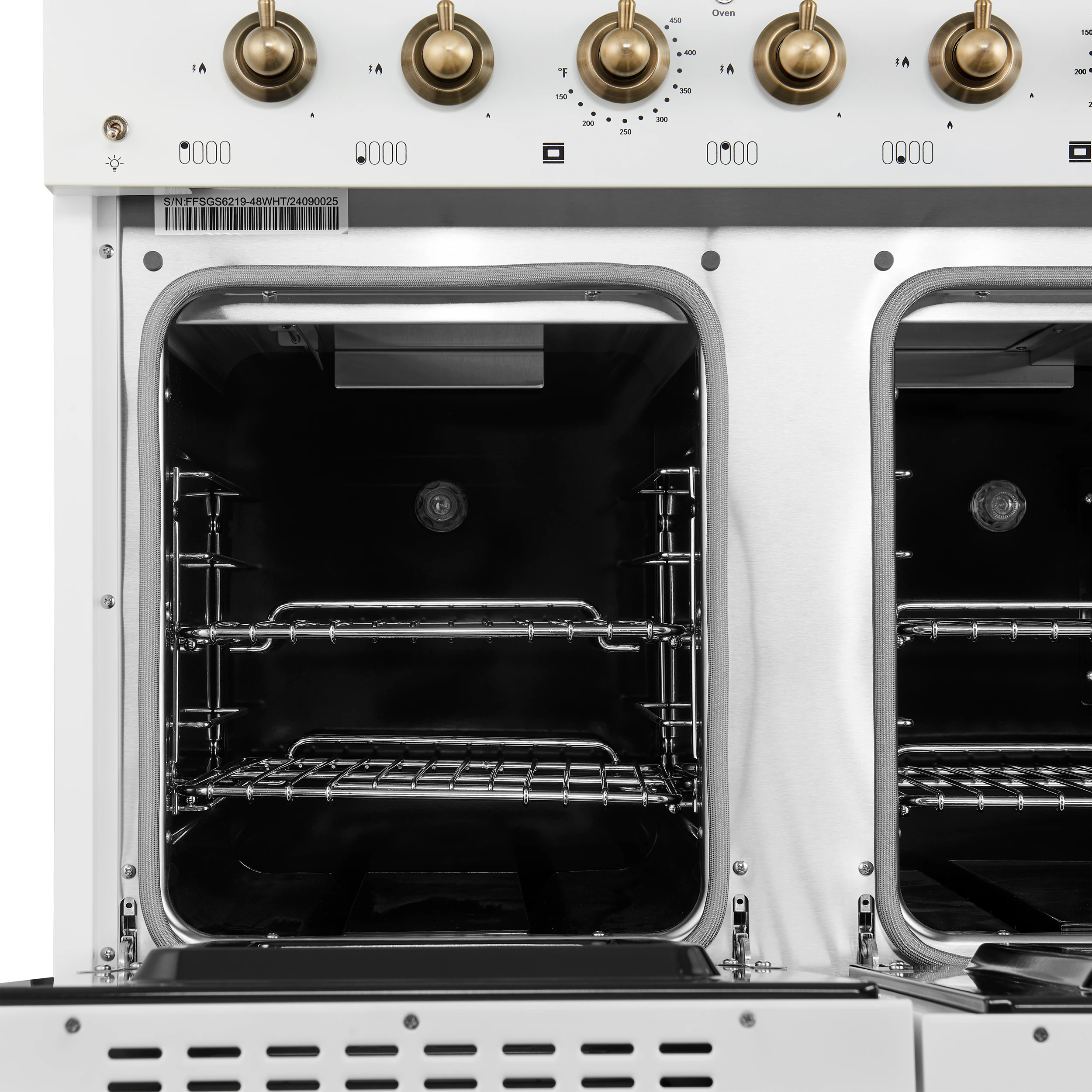 Antico 48-Inch Freestanding Gas Range, , Antique Brass Design, 8 Burners, Griddle, Double Ovens, Energy Efficient FFSGS621948WHT