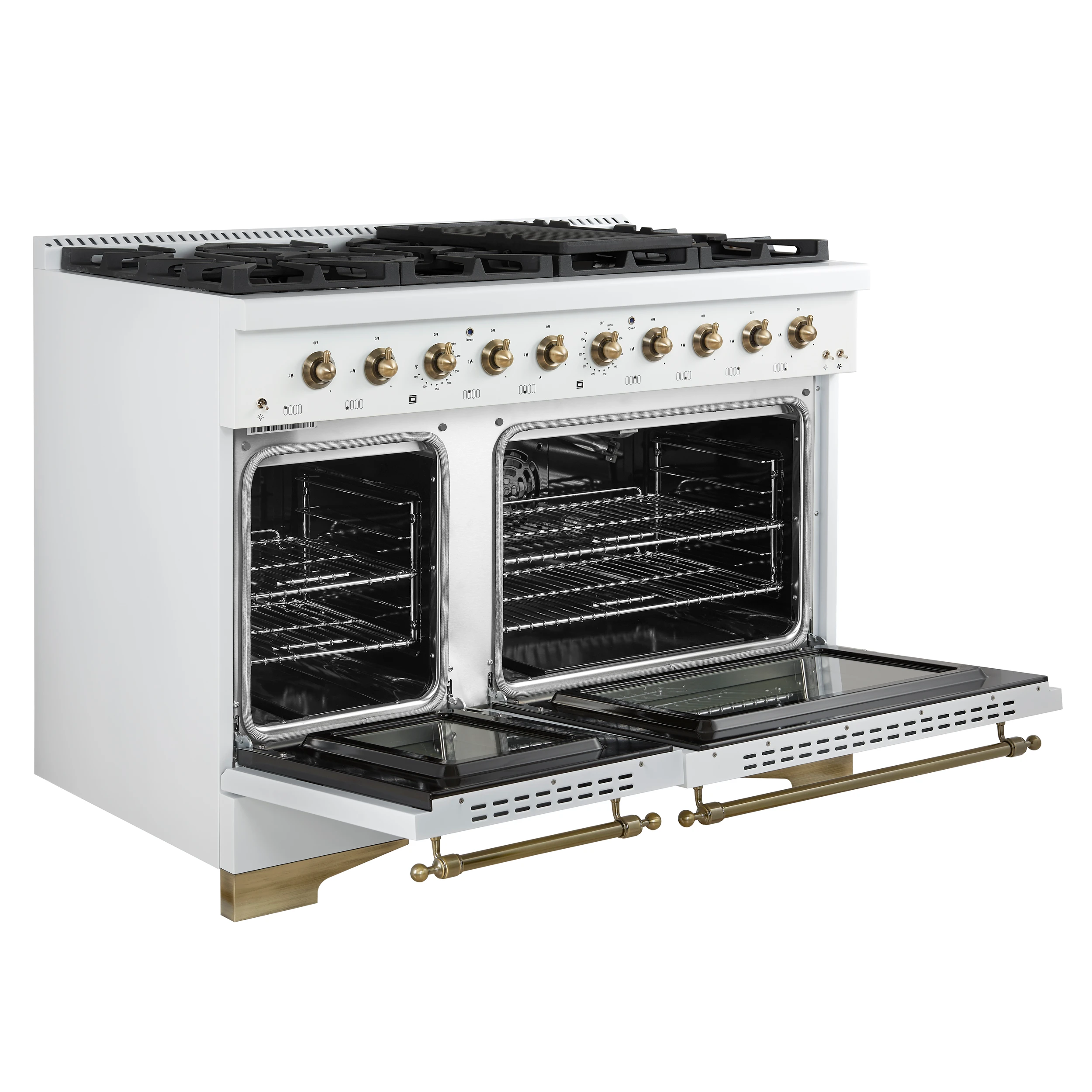 Antico 48-Inch Freestanding Gas Range, , Antique Brass Design, 8 Burners, Griddle, Double Ovens, Energy Efficient FFSGS621948WHT