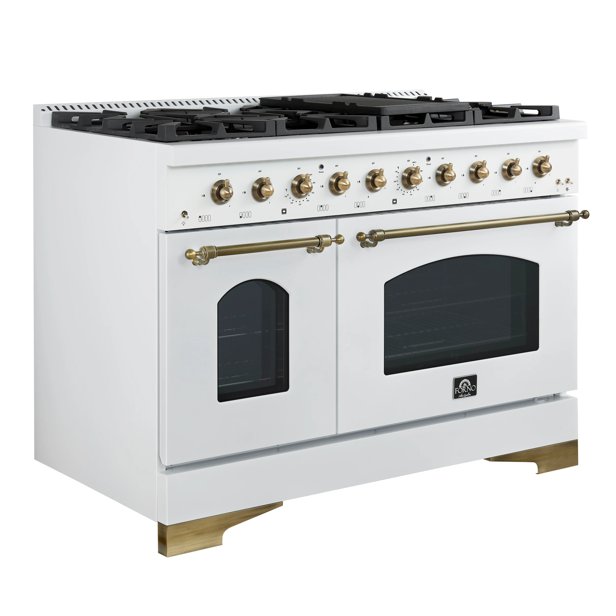 Antico 48-Inch Freestanding Gas Range, , Antique Brass Design, 8 Burners, Griddle, Double Ovens, Energy Efficient FFSGS621948WHT
