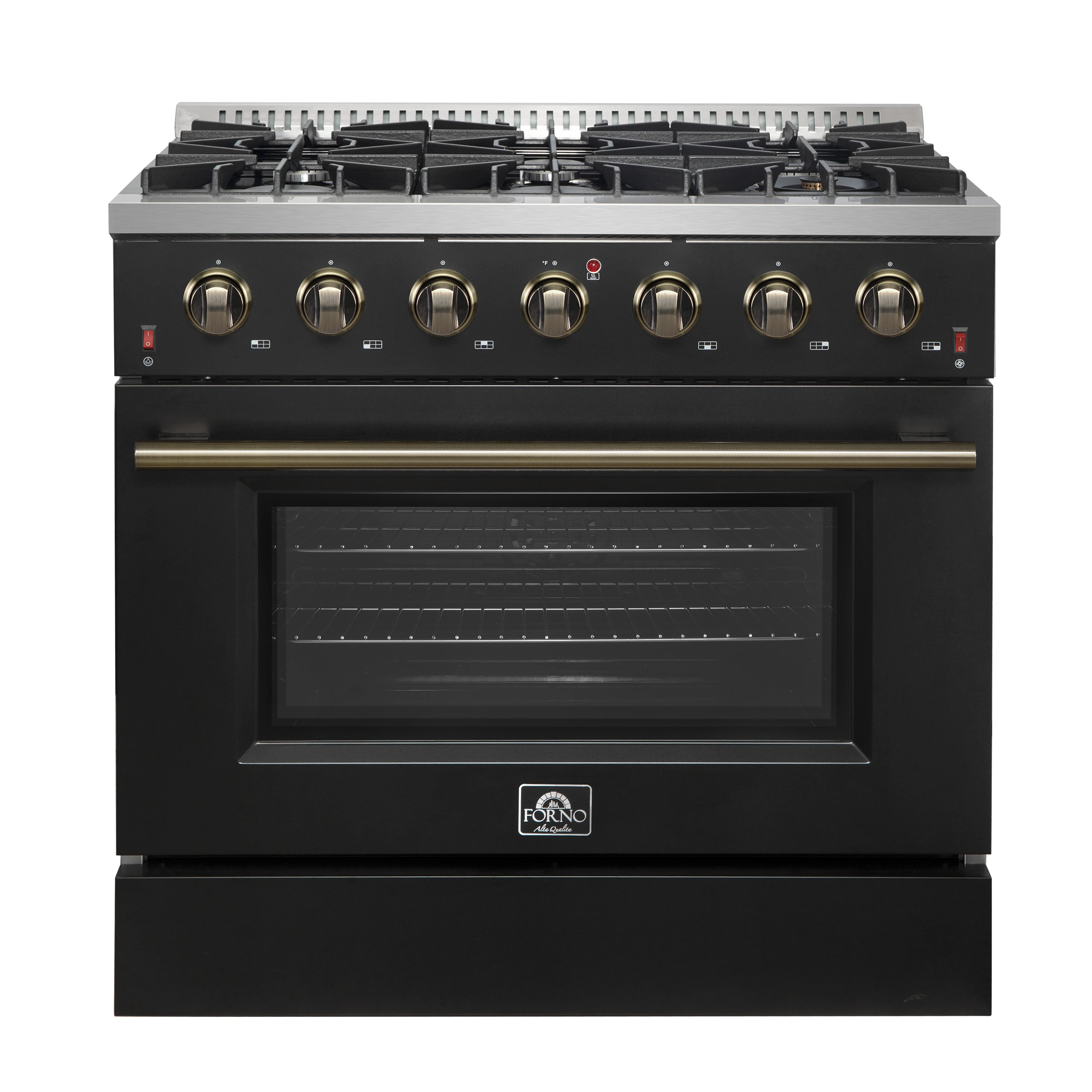 Galiano 36-inch Freestanding Gas Range in Black with Antique Brass Design, 6 Burners, 83,000 BTU, 5.36 cu.ft. Convection Oven FFSGS624436BLK