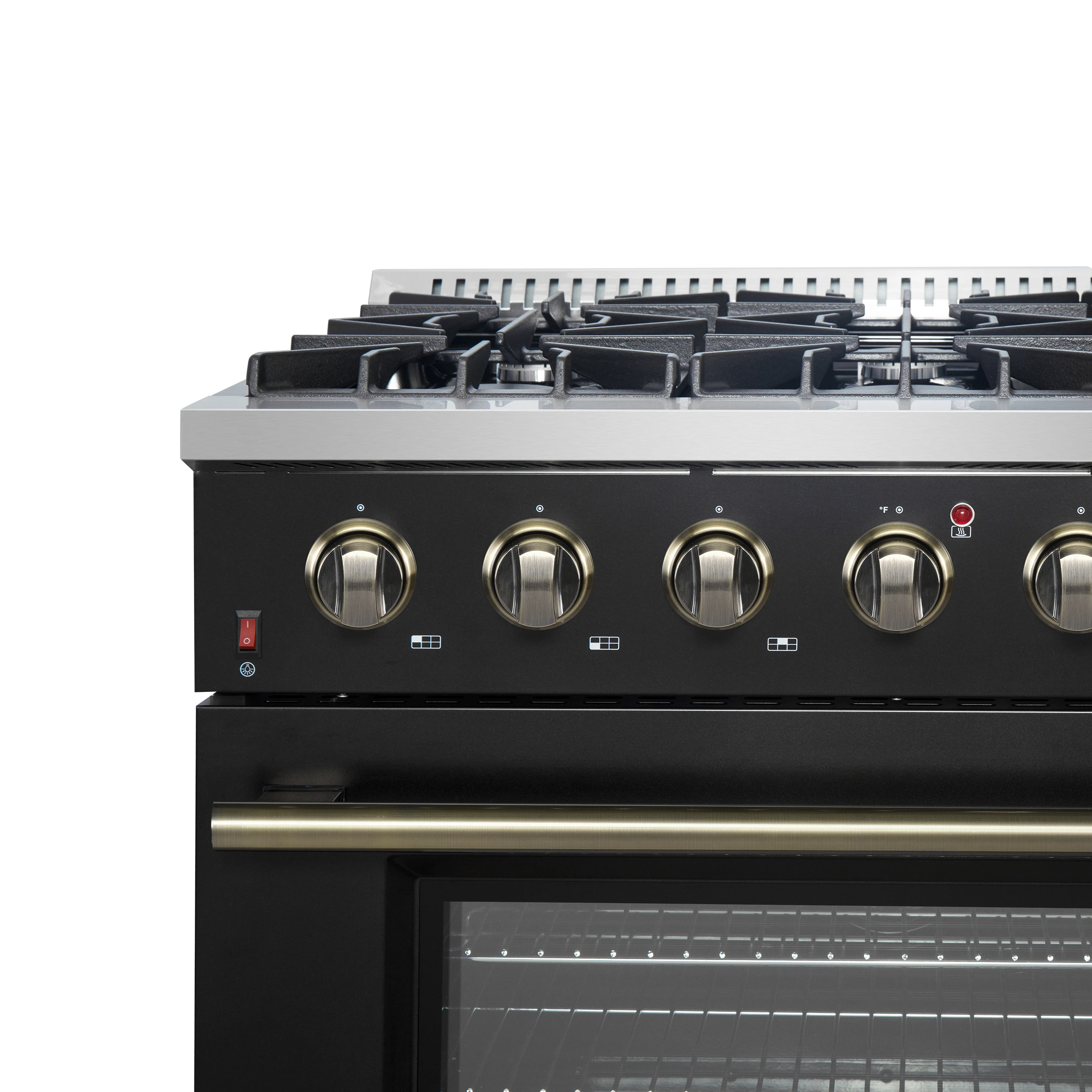 Galiano 36-inch Freestanding Gas Range in Black with Antique Brass Design, 6 Burners, 83,000 BTU, 5.36 cu.ft. Convection Oven FFSGS624436BLK