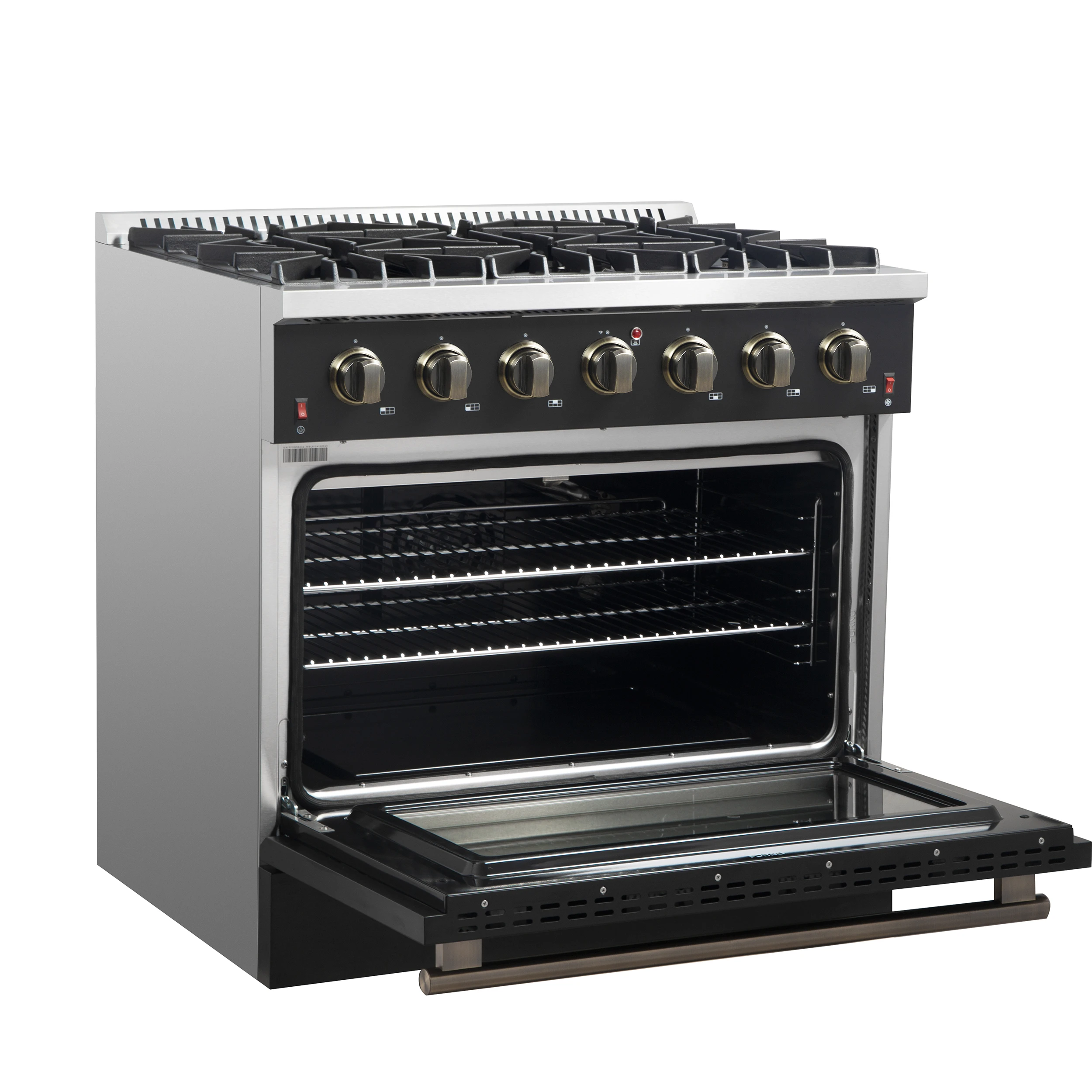 Galiano 36-inch Freestanding Gas Range in Black with Antique Brass Design, 6 Burners, 83,000 BTU, 5.36 cu.ft. Convection Oven FFSGS624436BLK