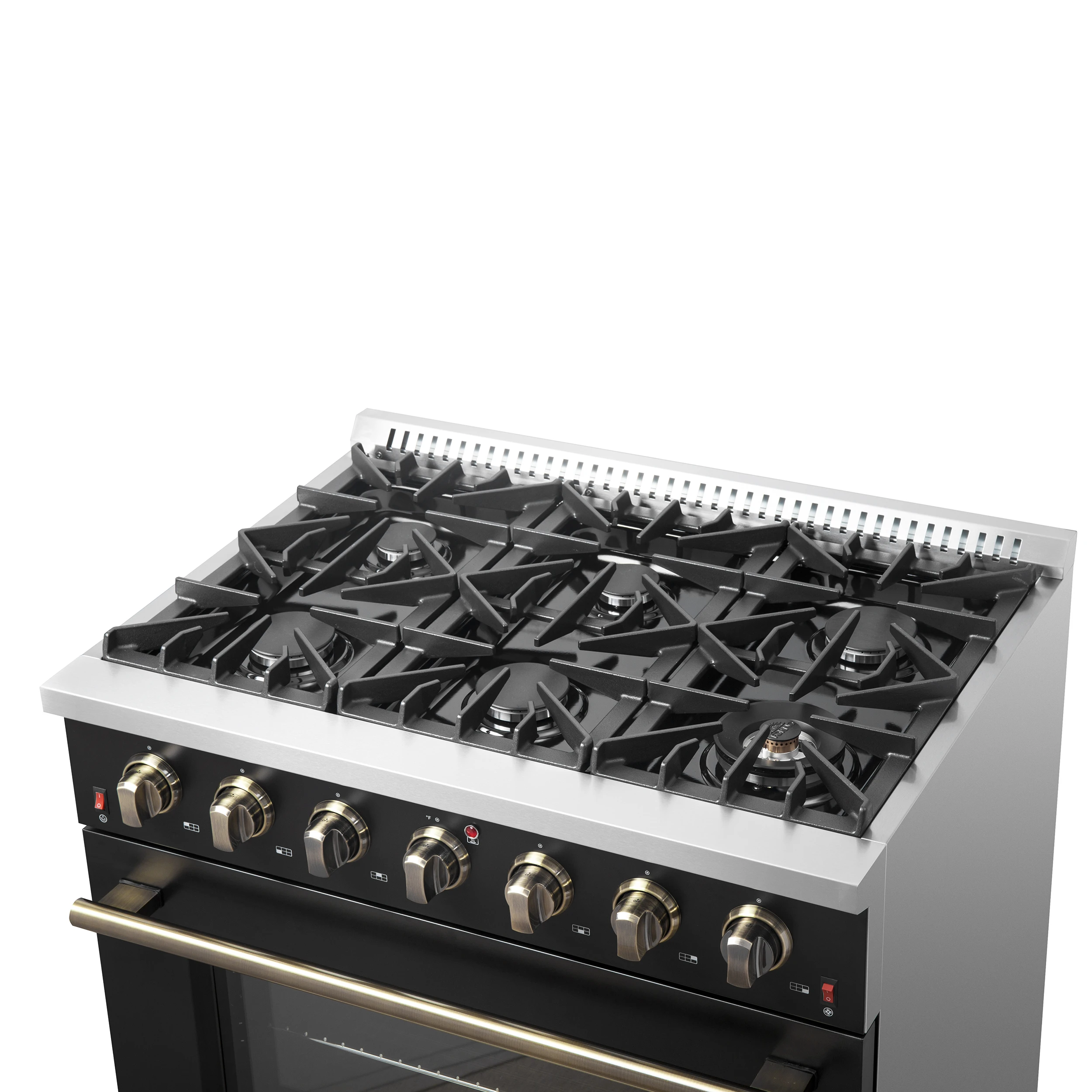 Galiano 36-inch Freestanding Gas Range in Black with Antique Brass Design, 6 Burners, 83,000 BTU, 5.36 cu.ft. Convection Oven FFSGS624436BLK