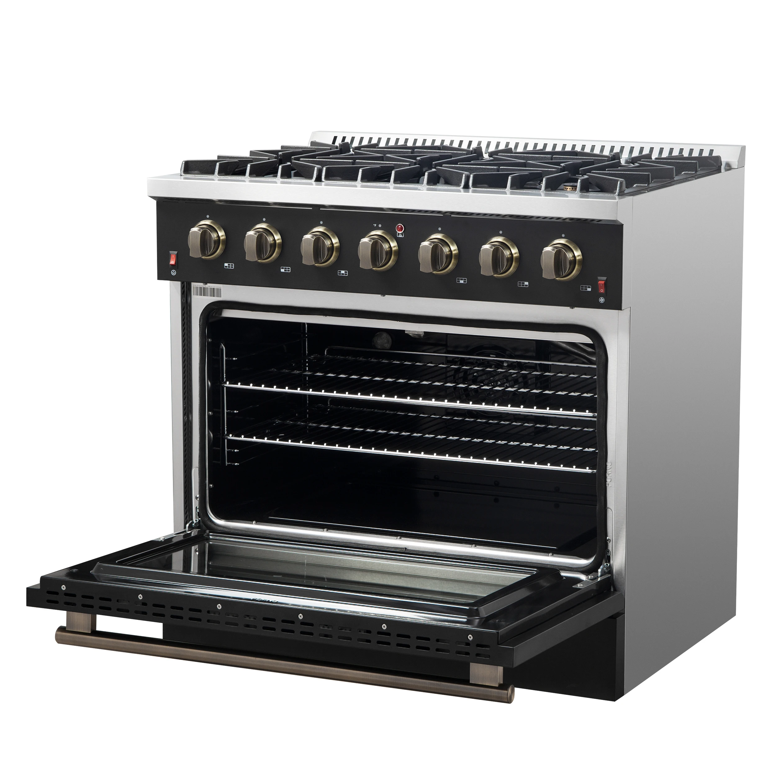 Galiano 36-inch Freestanding Gas Range in Black with Antique Brass Design, 6 Burners, 83,000 BTU, 5.36 cu.ft. Convection Oven FFSGS624436BLK