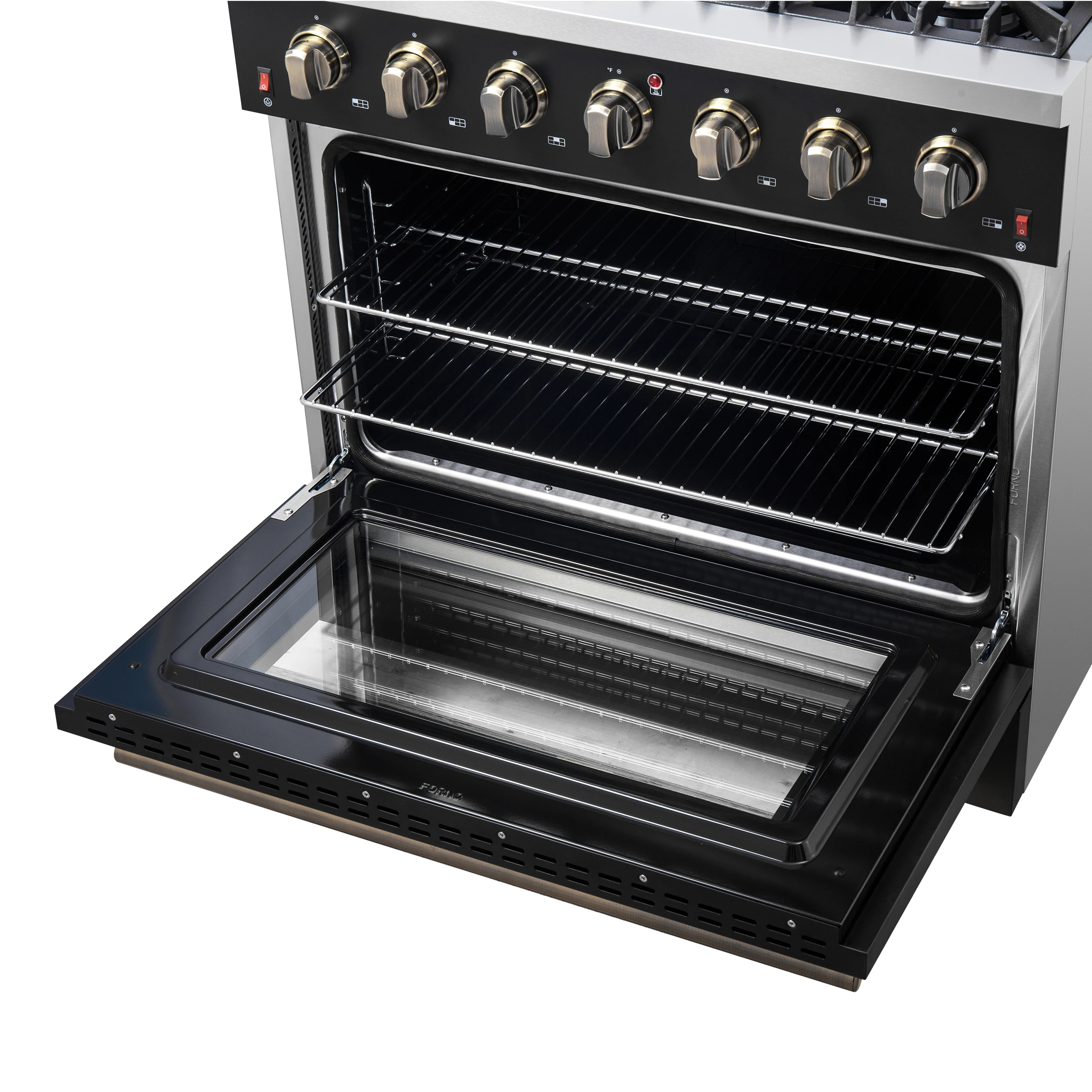 Galiano 36-inch Freestanding Gas Range in Black with Antique Brass Design, 6 Burners, 83,000 BTU, 5.36 cu.ft. Convection Oven FFSGS624436BLK