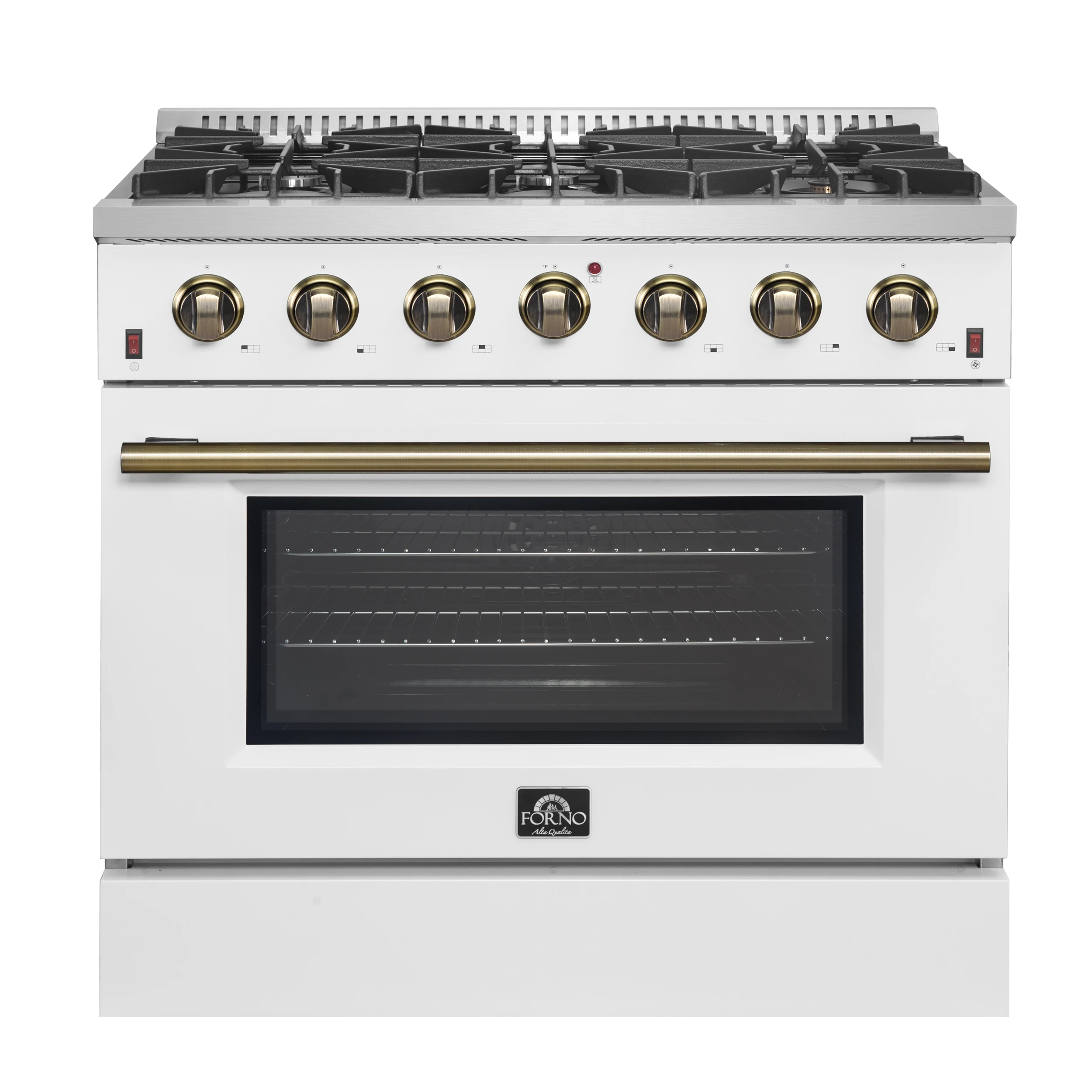 Galiano 36-inch Freestanding Gas Range in with Antique Brass Design, 6 Burners, 83,000 BTU, 5.36 cu.ft. Convection Oven FFSGS624436WHT